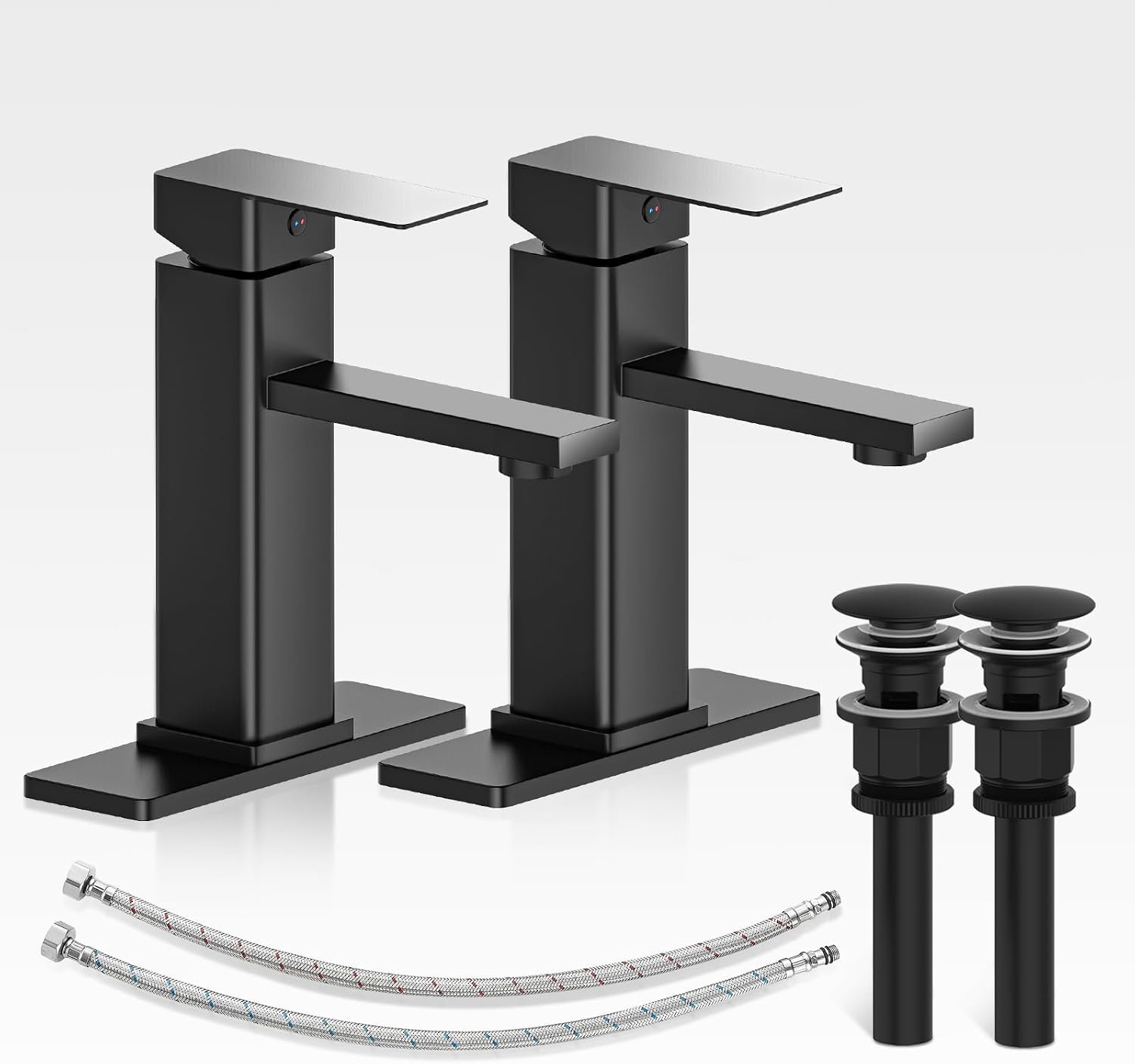 Bathroom Faucets Set with Pop Up Drain, Modern Single Handle Black Bathroom Sink Faucet w/Deck Plate(1 or 3 Hole), Farmhouse RV Vanity Sink Faucet-2 Sets, baño lavamanos Llave