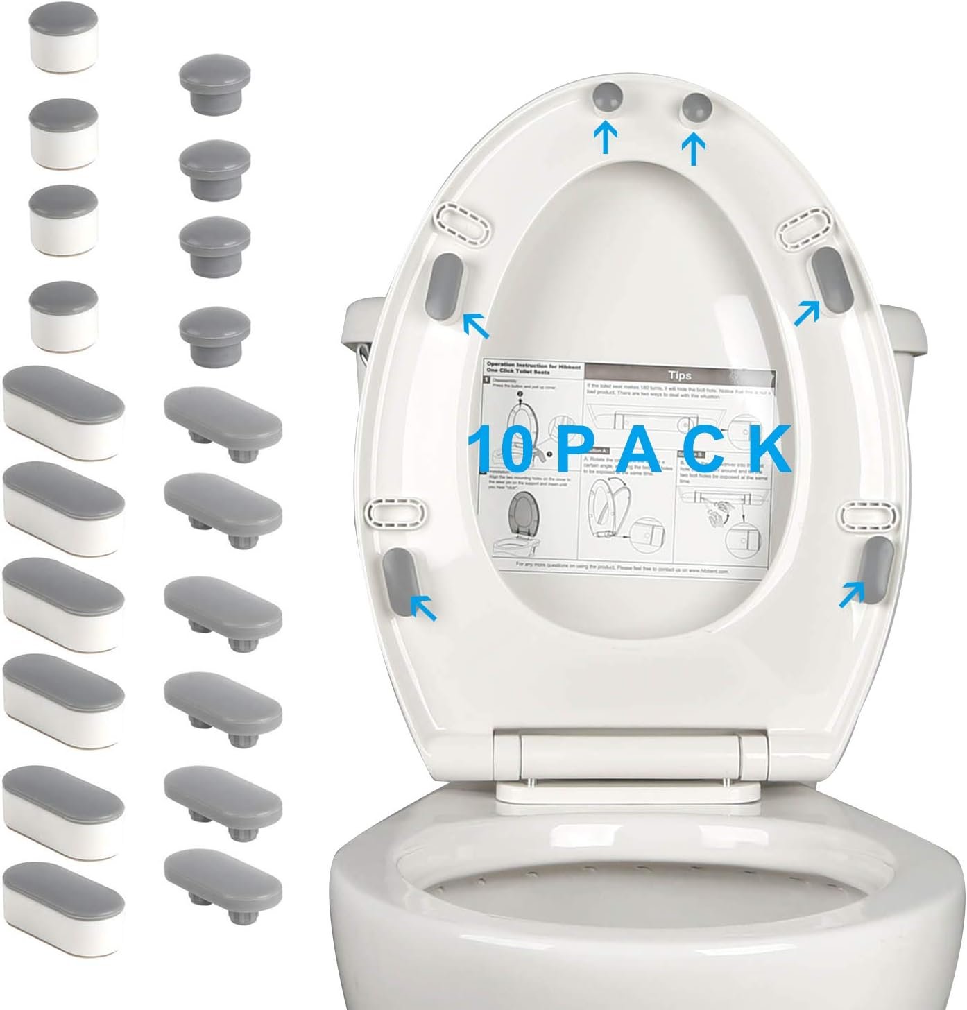 Hibbent 10 Pieces Toilet Seat Bumpers, Universal Buffer Toilet Lid Rubber Bumpers Each One with 2 Thickness TPE Pads(2 Heights) Strong Adhesive Bidet Bumpers Used for Home, Hotel, Hospital
