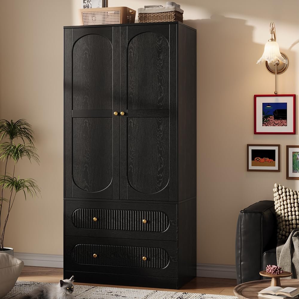 TOKSOM 2 Doors Freestanding Armoire Wardrobe Closet, 68.8″ Black Wardrobe Armoire Wooden Closet Large Capacity Storage with 2 Drawers & 1 Hanging Rod Shelf Clothes Organizer