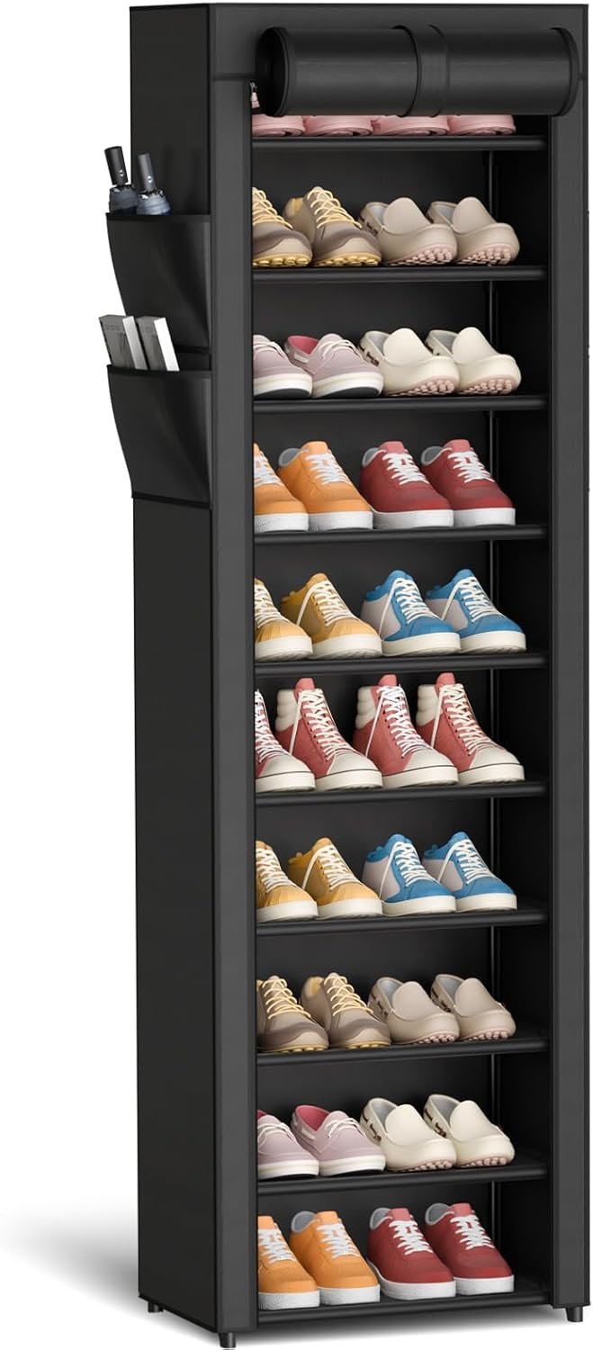 Kitsure 10-Tier Shoe Rack with Cover, Vertical Shelf, 17.5″ Wide, Black | Space Saving Shoe Storage with Side Pocket, Shoe Organizer for Closet, Entryway, Bedroom, Zapateras Organizer