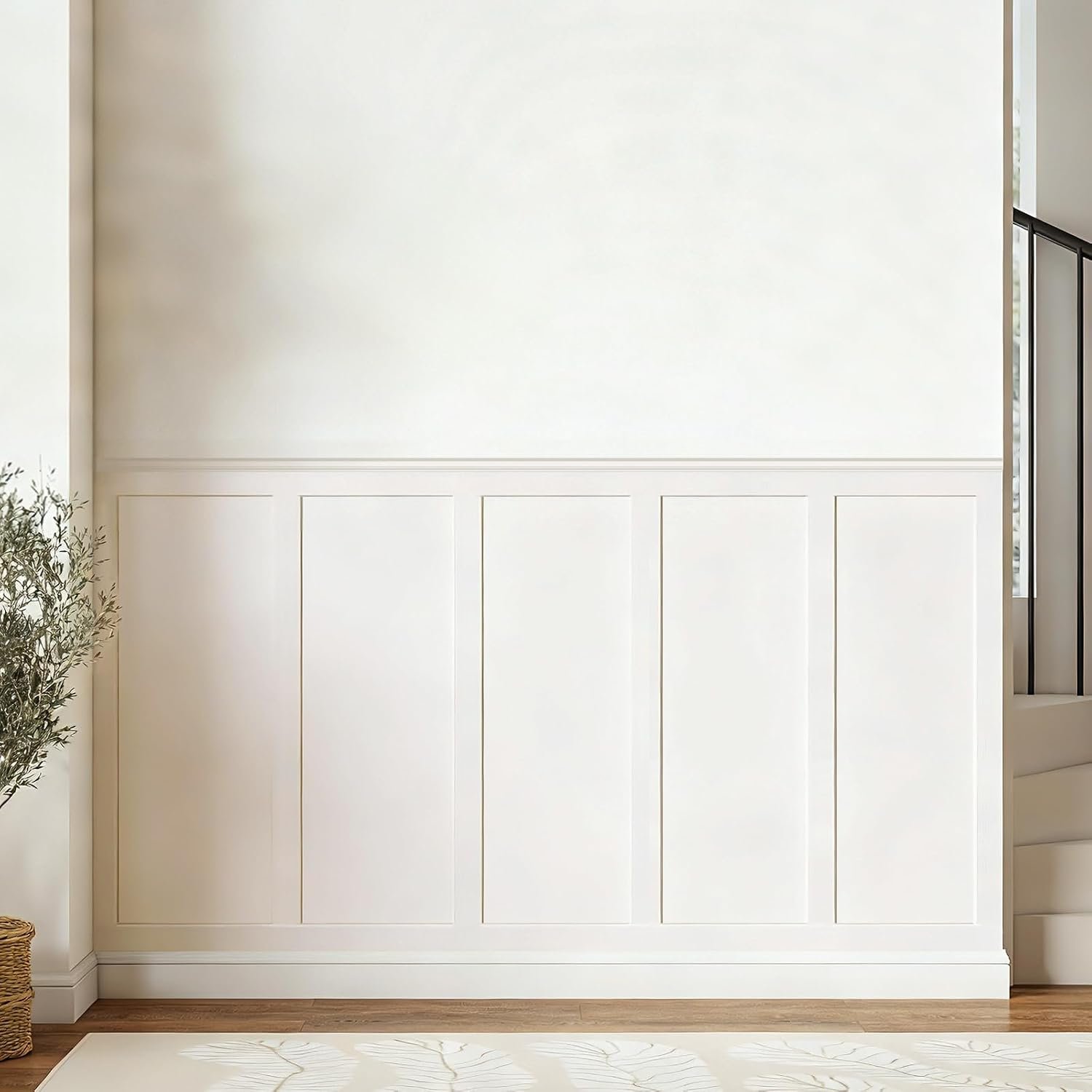 Board and Batten Wall Panel Kit,Paintable Wainscoting Panels Easy Install for Bedroom Living Room Hallway, Covers 94″ x 54″ Molding Trim Slat with Edge Strip, Paintable White