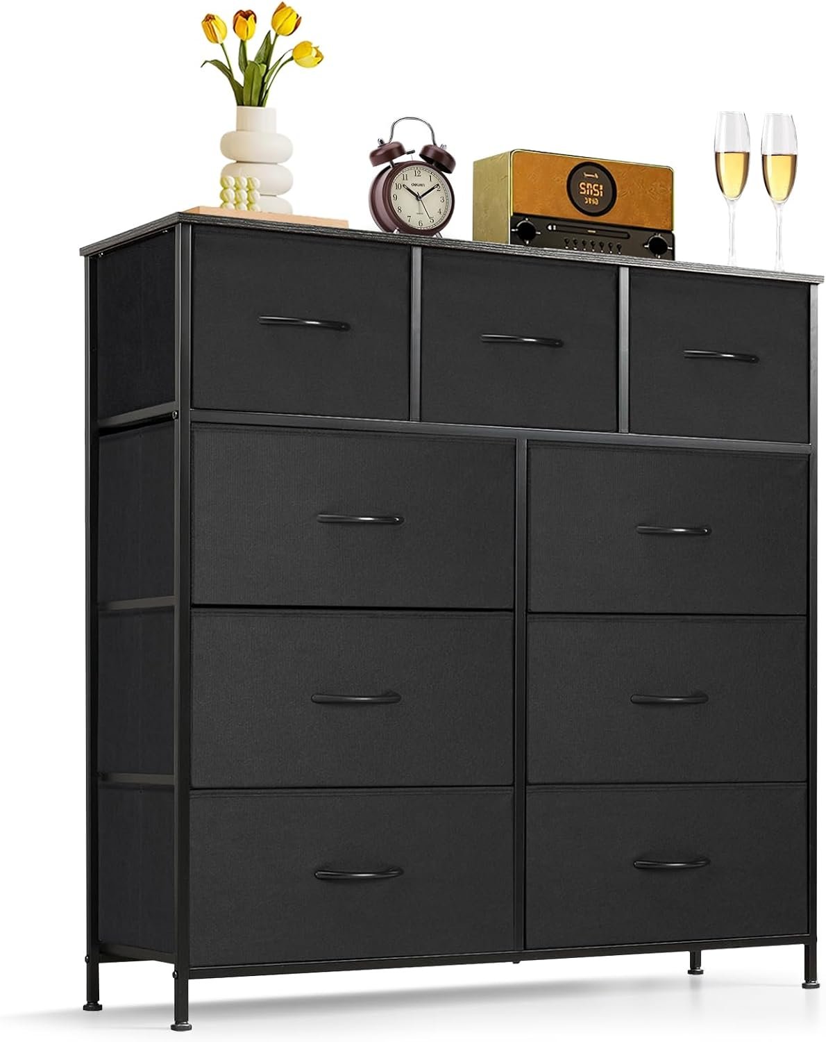 9-Drawer Dresser for Bedroom, Anti-Tip Tall Storage Organizer | Chest of Drawers with Wooden Top and Metal Frame Fabric Bins for Closet, Living Room, Hallway, Entryway, Black