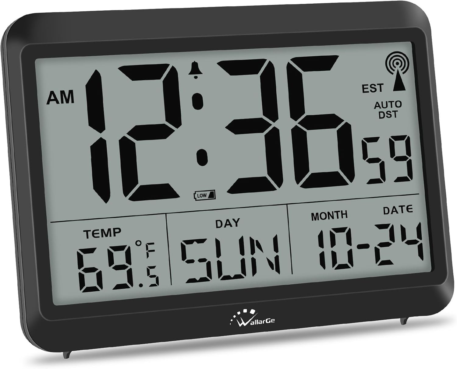 Self-Setting Atomic Digital Wall Clock with Auto DST | Battery Operated, Large Display with Temperature, Date and Day, 4 Time Zones, Wall Mount/Desktop Clock for Classroom, Office