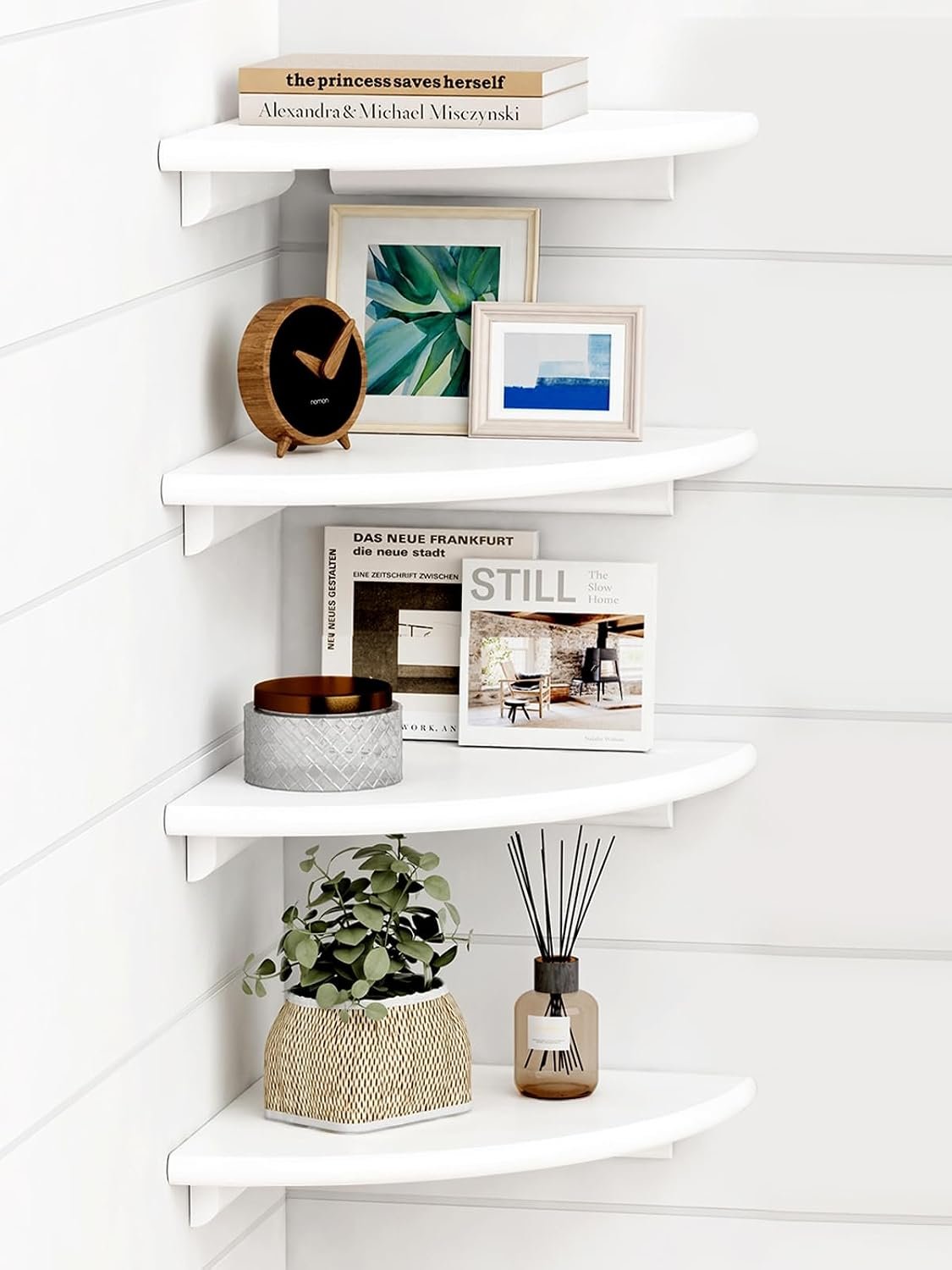 Forbena White Corner Floating Shelves for Wall Set of 4, Rounded Corner Shelves Wall Mounted for Kids Bedroom Books, Cute Wood Hanging Corner Shelf for Bathroom Decor, Living Room, Small Spaces