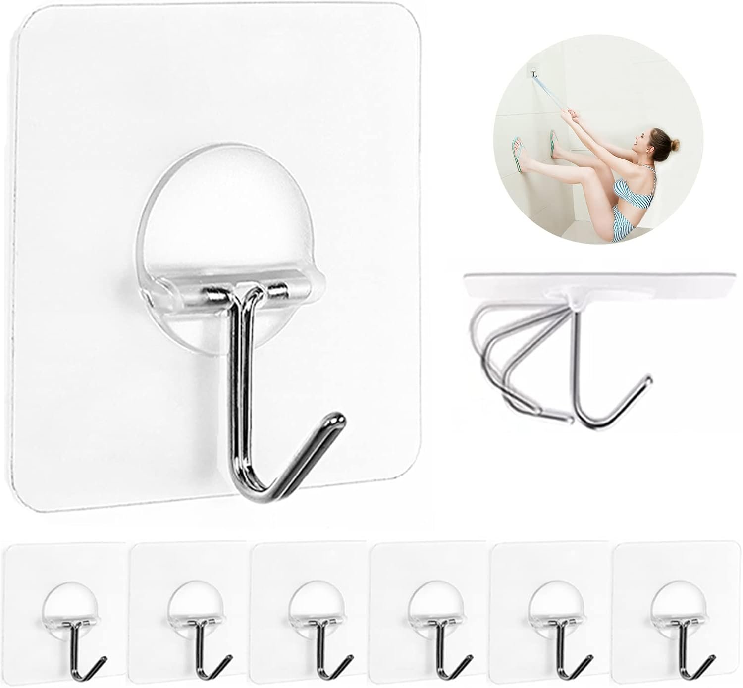 JINSHUNFA Adhesive Wall Hooks No Drill Clear Heavy Duty,13LB Sticky 8 Pack | Waterproof Transparent Sticky Hooks for Hanging,13lbs Max Load No Damage,Ideal for Towel,Coat,Bathroom,Kitchen,Home