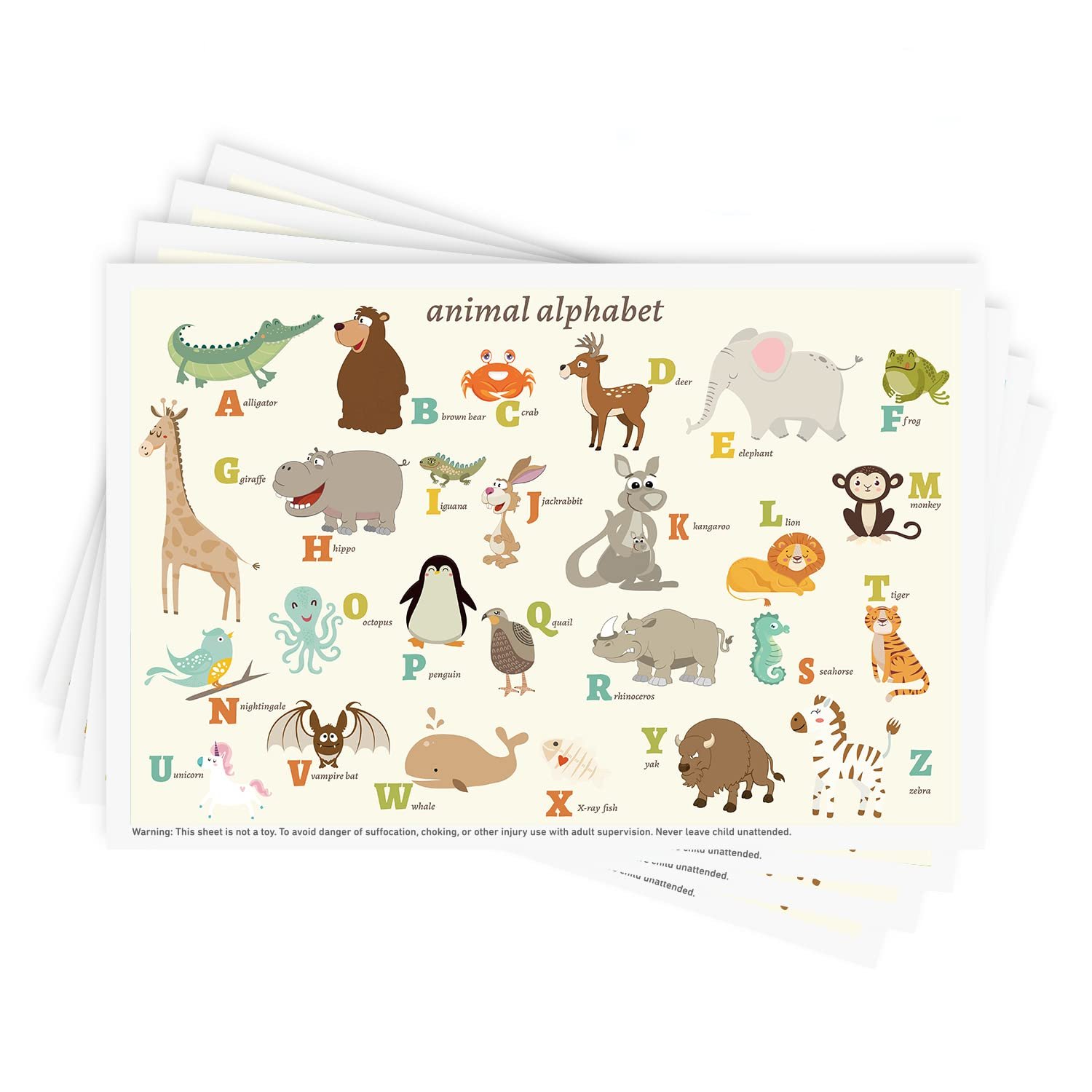 Babebay Disposable Stick-on Placemats 40 Pack for Baby & Kids & Toddler, Sticky Placemats Restaurant Table Mats 12″ x 18″ (Animal Alphabet)