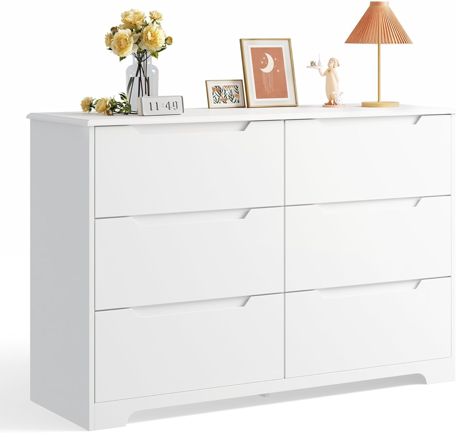 Gizoon 6 Drawer Double Dresser for Bedroom with Anti-Tip Design, White | Modern Wide Wooden Chest of Drawers with Cut-Out Handles, Closet Storage Organizer and TV Stand for Living Room, Hallway