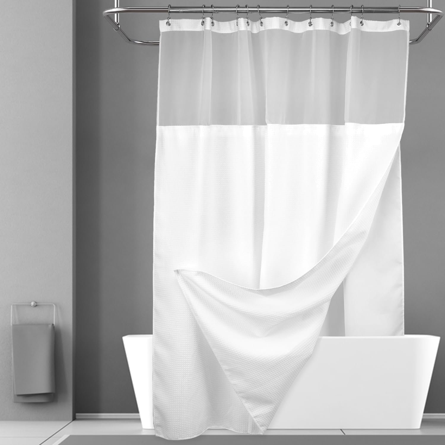N&Y HOME Waffle Weave Shower Curtain with Snap-in Liner Set White, 71×72 | 12 Metal Hooks Included, Snap on/off Fabric Liner, Mesh Top Window, Washable, Hotel Style Shower Curtain Set for Bathroom