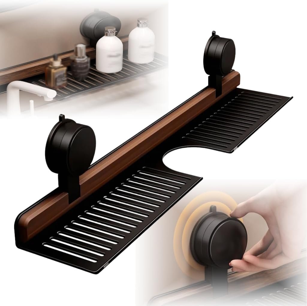 Walnut Bathroom Kitchen Suction Storage Holder, 2025 New Removable Wall Mounted Sink Shelf Over Faucet, Sink Faucet Organizers,No Drill Faucet Organizer Rack for Bathroom (Black, 50CM)