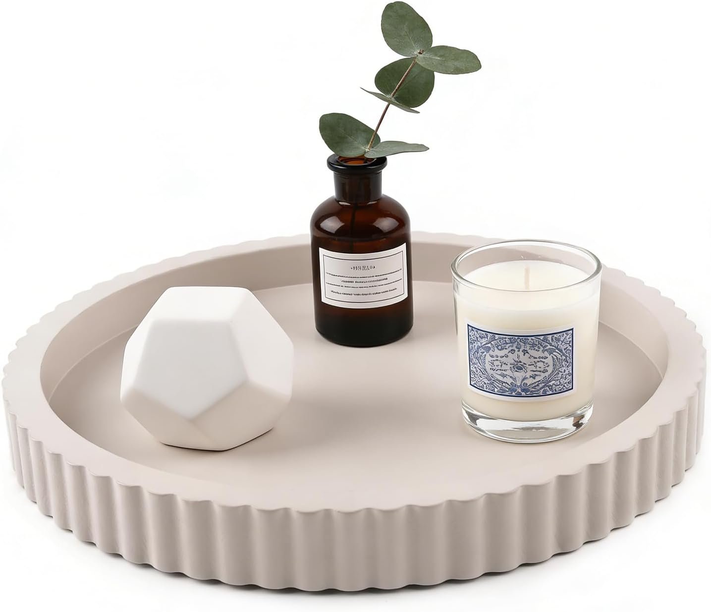 Modern Decorative Tray for Coffee Table, 11″ Wooden Gray Beige Round Small Decor Tray for Candle, Perfume, Vanity, Kitchen Island Counter & Table Centerpiece