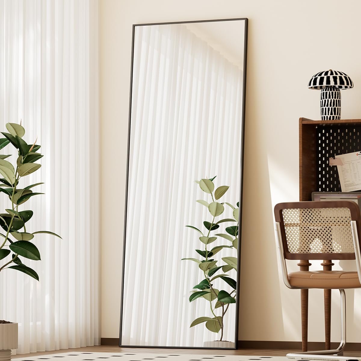 BEAUTYPEAK Full Length Mirror with Stand, 56″x21″ Floor Mirror | ShatterVue Tempered Full Body Mirrors with Aluminum Alloy Thin Frame, Standing or Wall-Mounted Mirrors for Living Room, Black