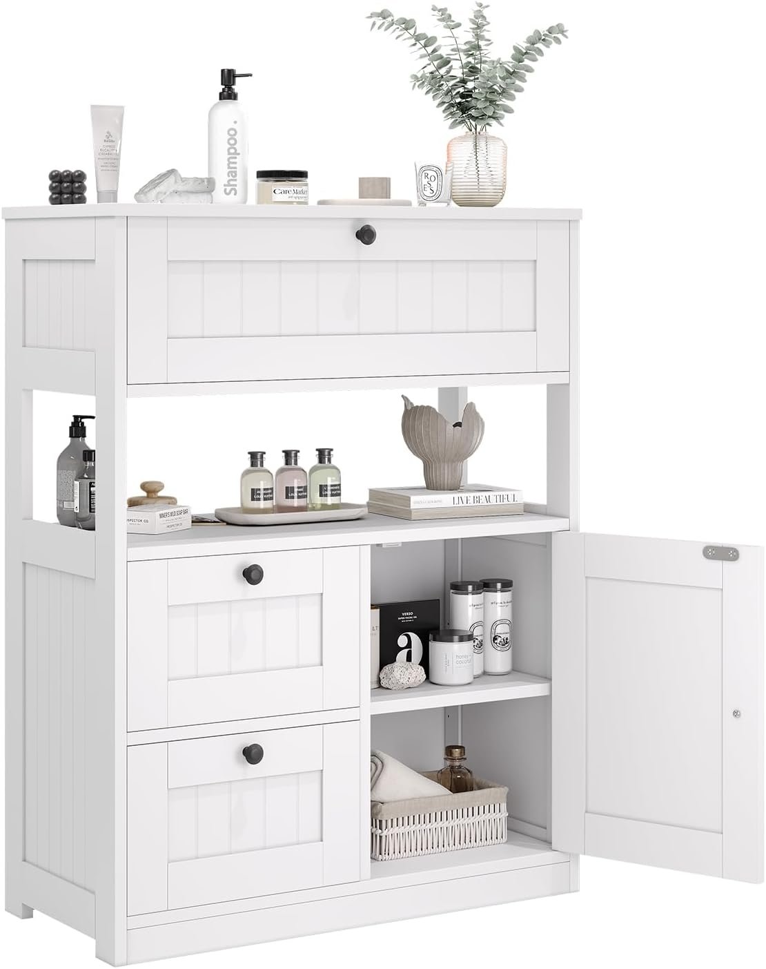 GRUSIGN Bathroom Cabinet, Modern Bathroom Floor Storage Cabinet Organizer with 1 Door and 3 Drawers, Freestanding Cupboard for Kitchen/Living Room Use