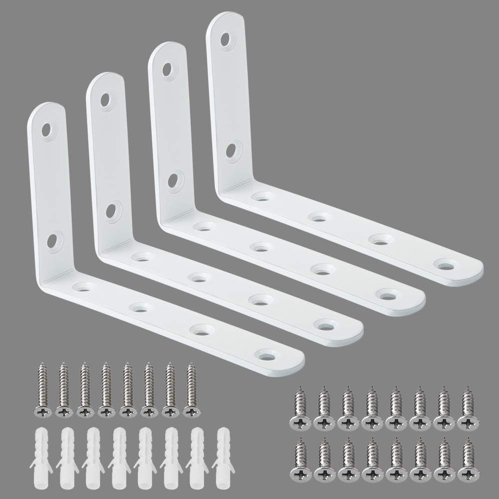 Alise White Floating Shelf Brackets 5×3 Inch,L Brackets for Shelves,4 Pcs | Heavy Duty Stainless Steel Bracket Corner Brace Angle Brackets for Wood,Wall Brackets for DIY Kitchen Bedroom Study Room