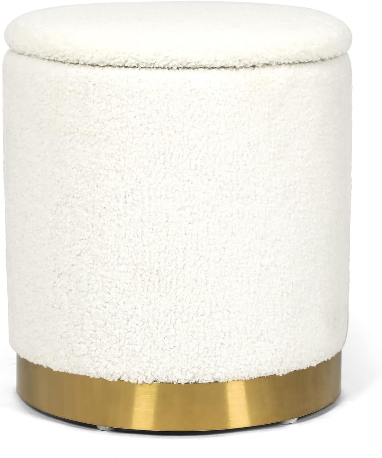Boucle Round Ottoman with Storage,Vanity Stool with Storage for Bedroom, Ottoman Coffee Table,Small Boucle Foot Stool for Living Room, White with Gold Plating Base