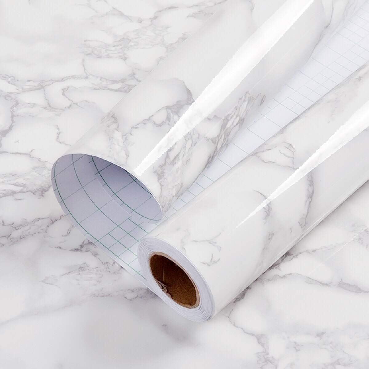 Glossy Marble Contact Paper White Peel and Stick for Countertop | Grey Granite Thick Removable Wallpaper for Kitchen Cabinets Furniture Refurbishment Wall Decor Vinyl Wrap