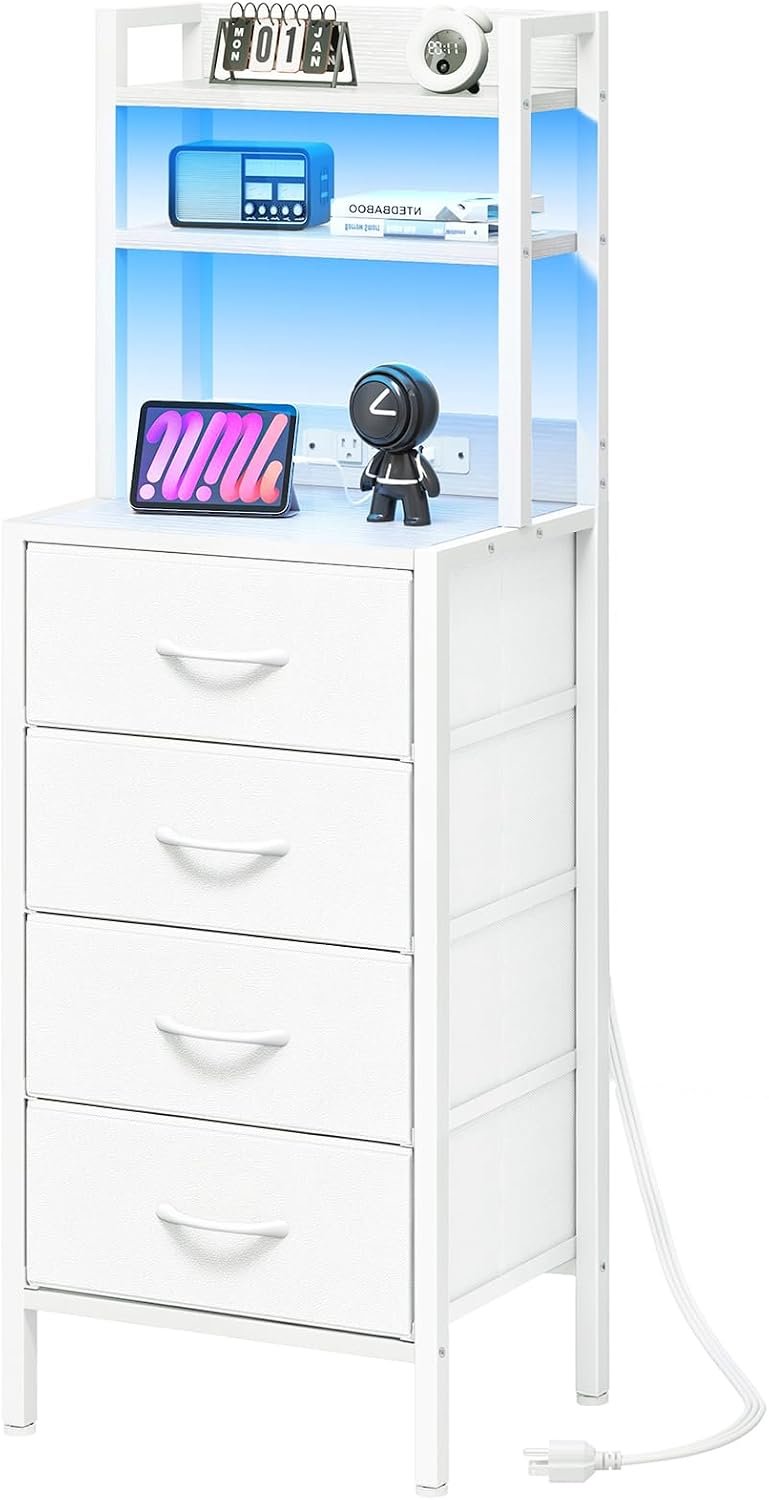 Fixwal Nightstand with Charging Station for Dorm, White | 3-tier open bookshelf, built-in 2 AC outlets & 2 USB ports, 4 fabric drawers, night stand for bedroom & office with LED light