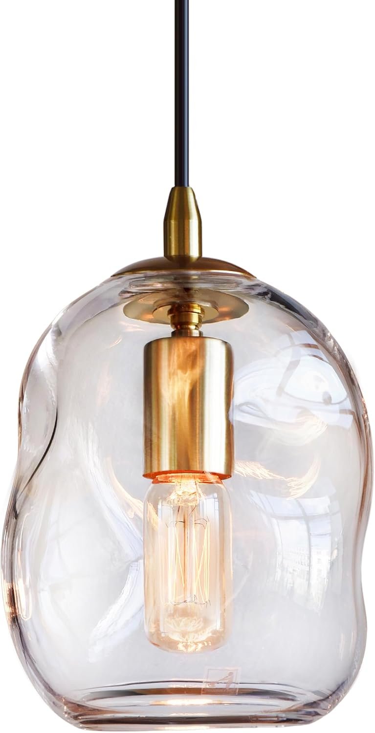 Glass Pendant Light, Brass Gold,Organic Globe 8 Inch H | Modern Minimalist Art Glass Clear Ceiling Hanging Fixtures Kitchen Island Sink Bar Counter Small Lamp