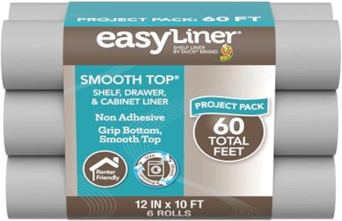 Smooth Top EasyLiner for Cabinets & Drawers, Easy to Install, Shelf Paper & Drawer Liner Non Adhesive, Non Slip Shelf Liner for Pantry, Kitchen Essentials, 12 in x 10 ft (6 Pack), 60 ft, Gray