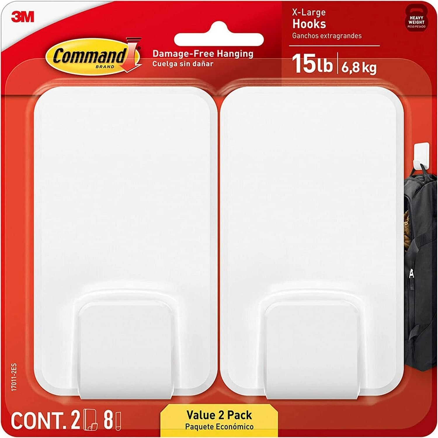 Command 15 Lb XL Heavyweight Wall Hook, Damage Free Hanging Wall Hook with Adhesive Strips, Heavy Duty Single Wall Hook for Hanging Back to School Organizers, 2 White Hooks and 8 Strips