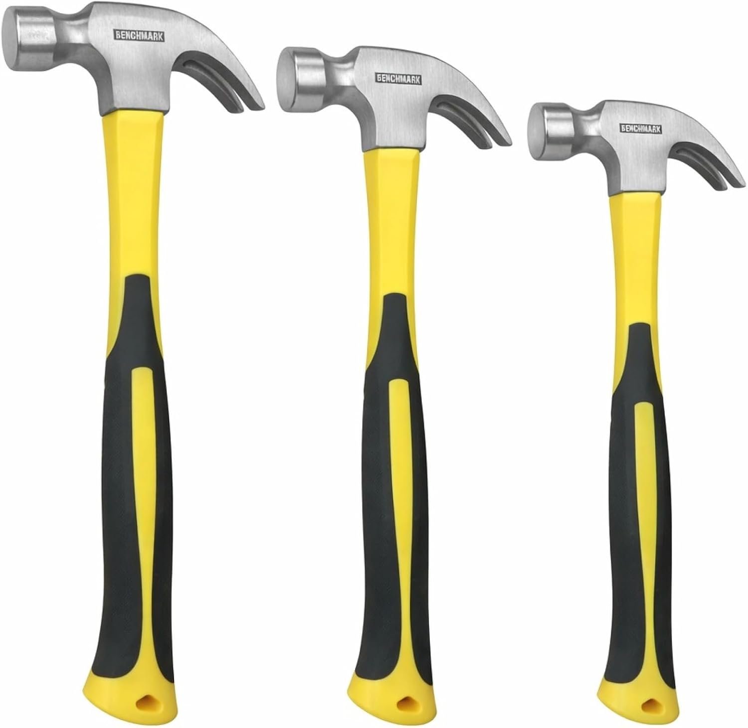 3 Piece Claw Hammer Set (20 oz, 16 oz, 8 oz) – Fiberglass Handle, Anti-Slip Grip, Polished Steel Head – Framing, Carpentry & Home Improvement Tools