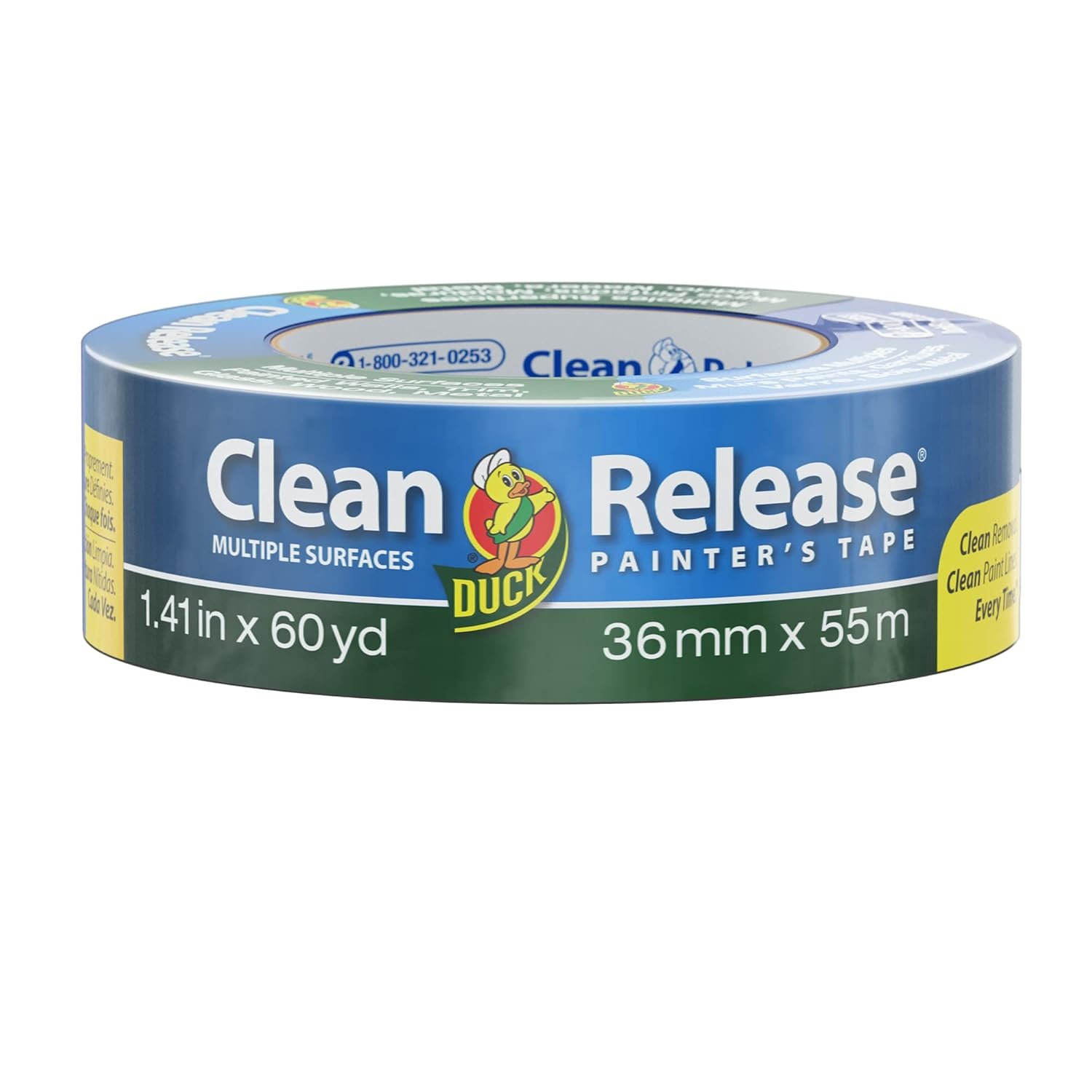 Duck Clean Release Blue Painters Tape, Masking Tape For Paint Projects, 1.5 in (1.41 in x 60 yd) Single Roll, 240194