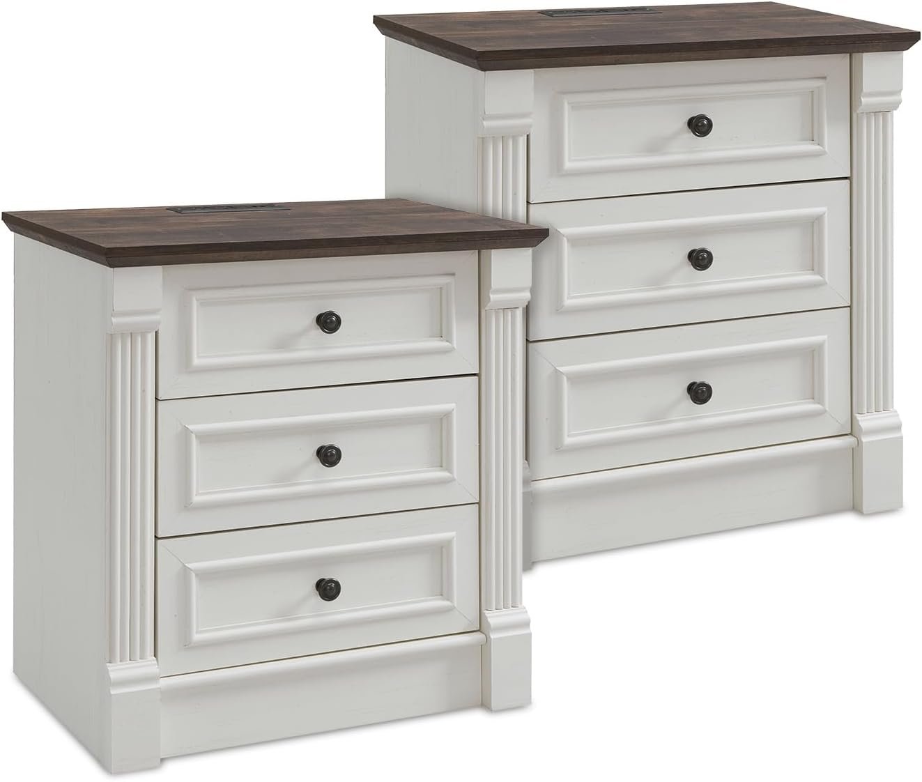 Aitjunz 26″ Tall Farmhouse Nightstand Set of 2, 3 Drawers End Table w/Charging Station, 23.6″ Wide Large Side Table w/Roman Column, Wood Rustic Sofa Table for Bedroom, White