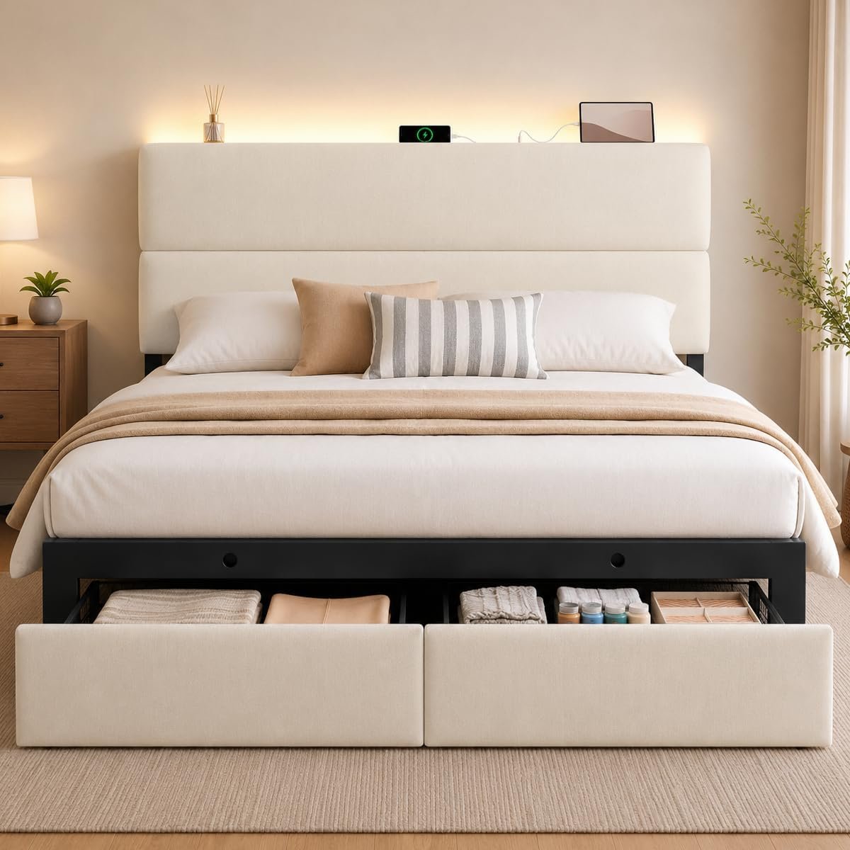 Queen Bed Frame with 2 Storage Drawers, Beige Velvet Upholstered | Platform Bed with Charging Ledge, LED Headboard Lighting, Metal Support, Noise Free, No Box Spring Needed, Easy Assembly