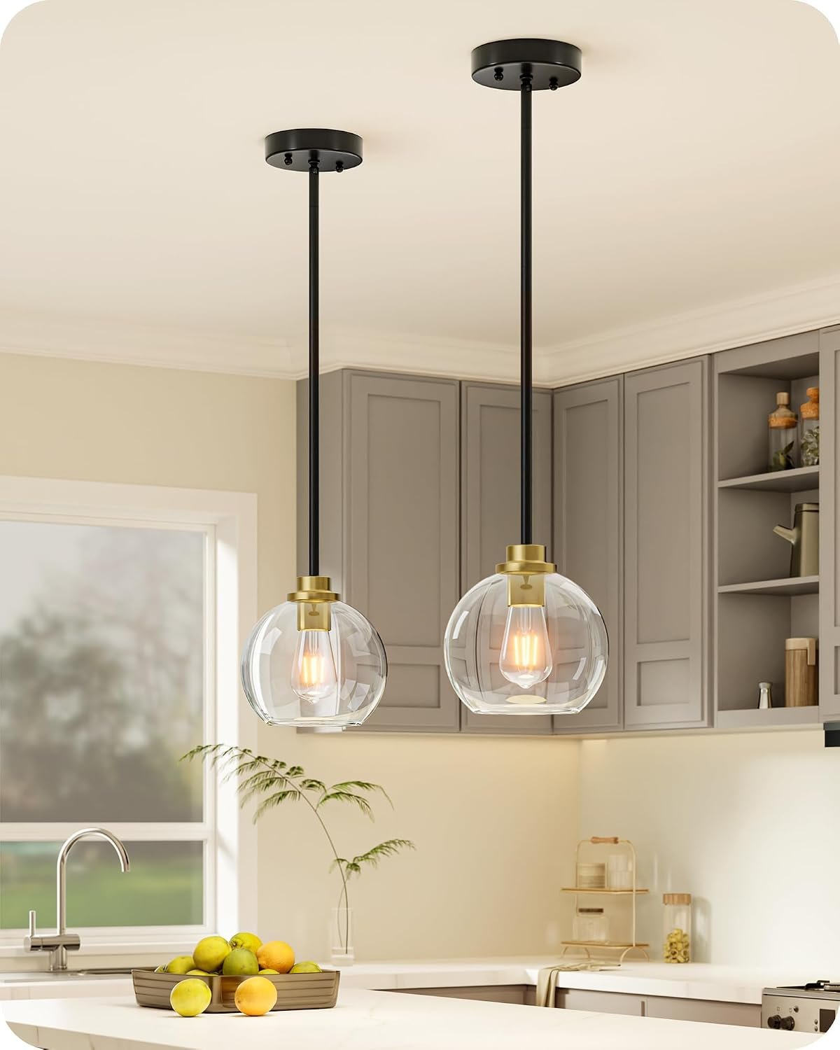 EDISHINE Mid Century Kitchen Pendant Lighting Over Island 2 Pack, Clear Glass Globe Shade, Hardwired Black and Gold Adjustable Hanging Light Fixtures for Dining Room, Entryway