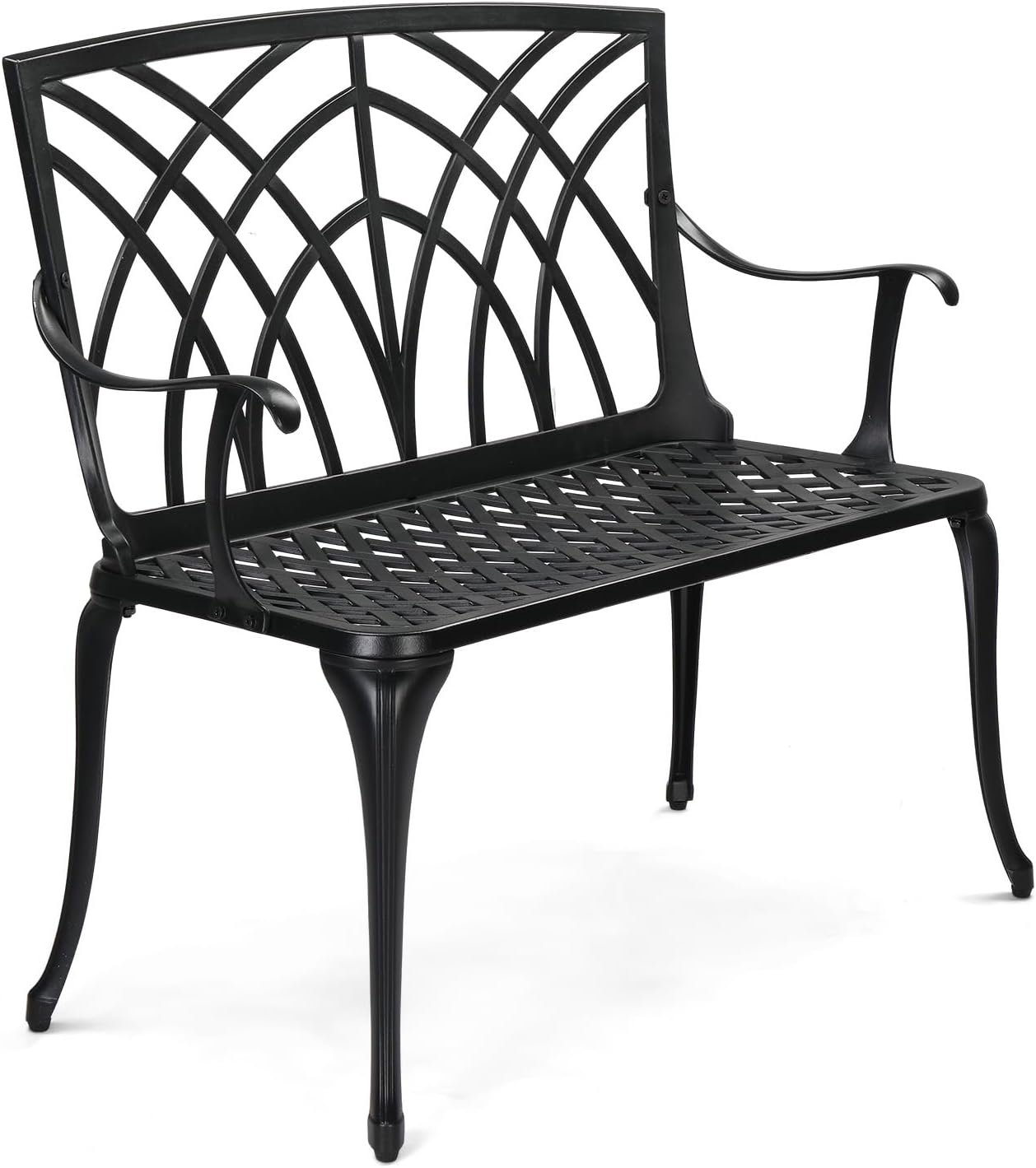 VINGLI 38″ Outdoor Metal Bench, Cast Aluminium Garden Bench, Weatherproof Antique Finish Orchid Chair, 1-2 Person Seat Deck Furniture for Porch Entryway Patio (Black)