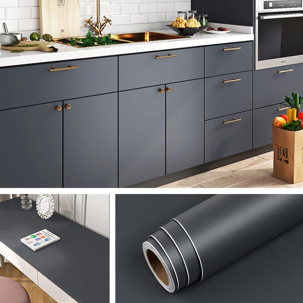 Livelynine Dark Grey Peel and Stick Wallpaper for Bathroom Renter Friendly Cabinet Vinyl Wrap for Kitchen Countertop Covers Waterproof Gray Contact Paper for Cabinets Desk Wallpaper 15.8×78.8 Inch