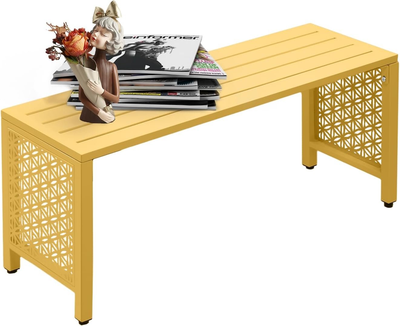 VINGLI 40in Outdoor Metal Bench, All-Weathe Backless Patio Bench with Slatted Seat＆Floral Side Panels, Rust-Resistant Garden Bench, Weatherproof Outdoor Seating for Porch Entryway Backyard (Yellow)