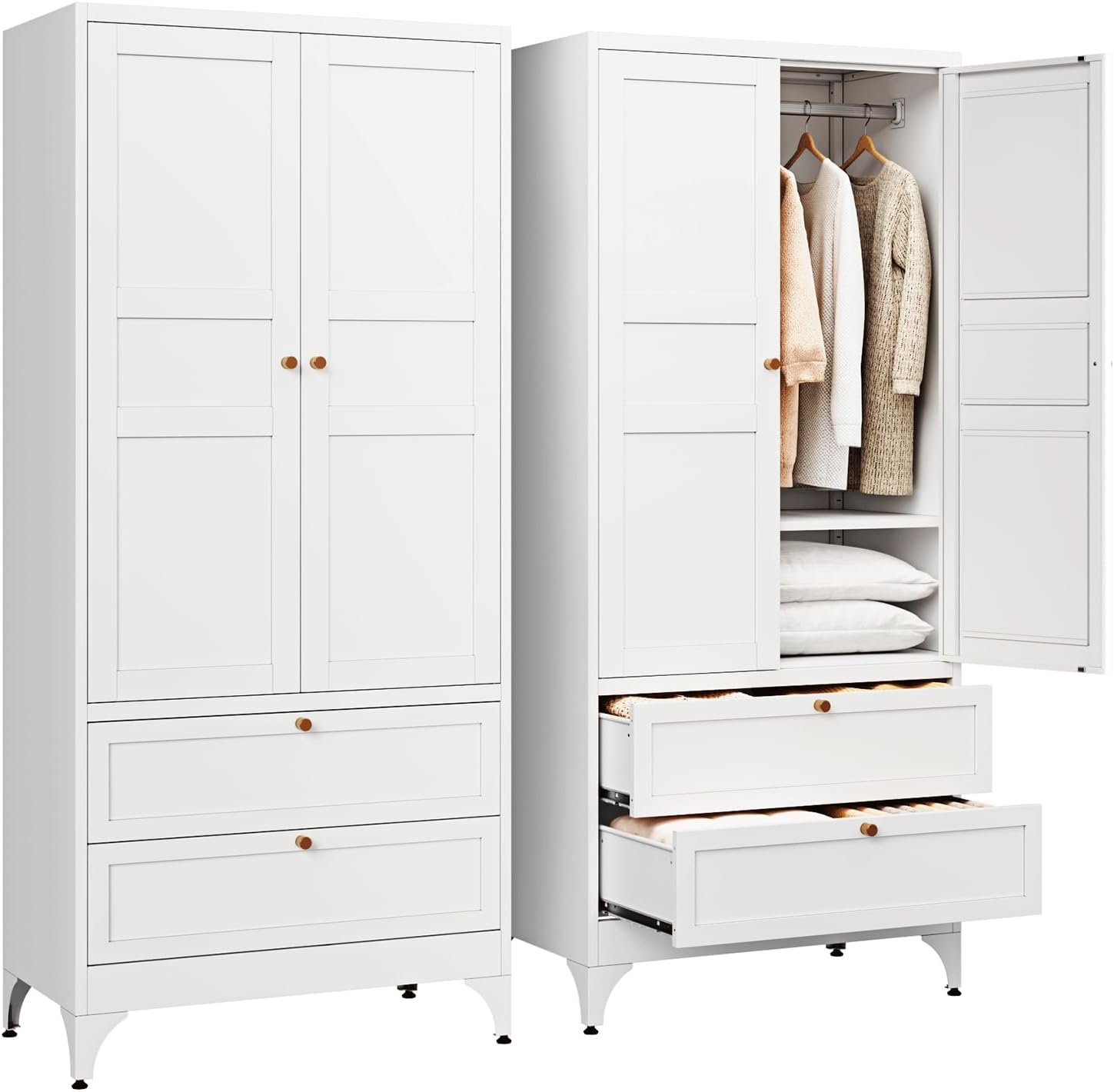 Metal Armoire Wardrobe Closet with 2 Drawers,18″ Deep Clothing Storage Cabinet with Doors and Shelves,Coat Closet with Hanging Rod,Bedroom,Home,Cloak Room,White