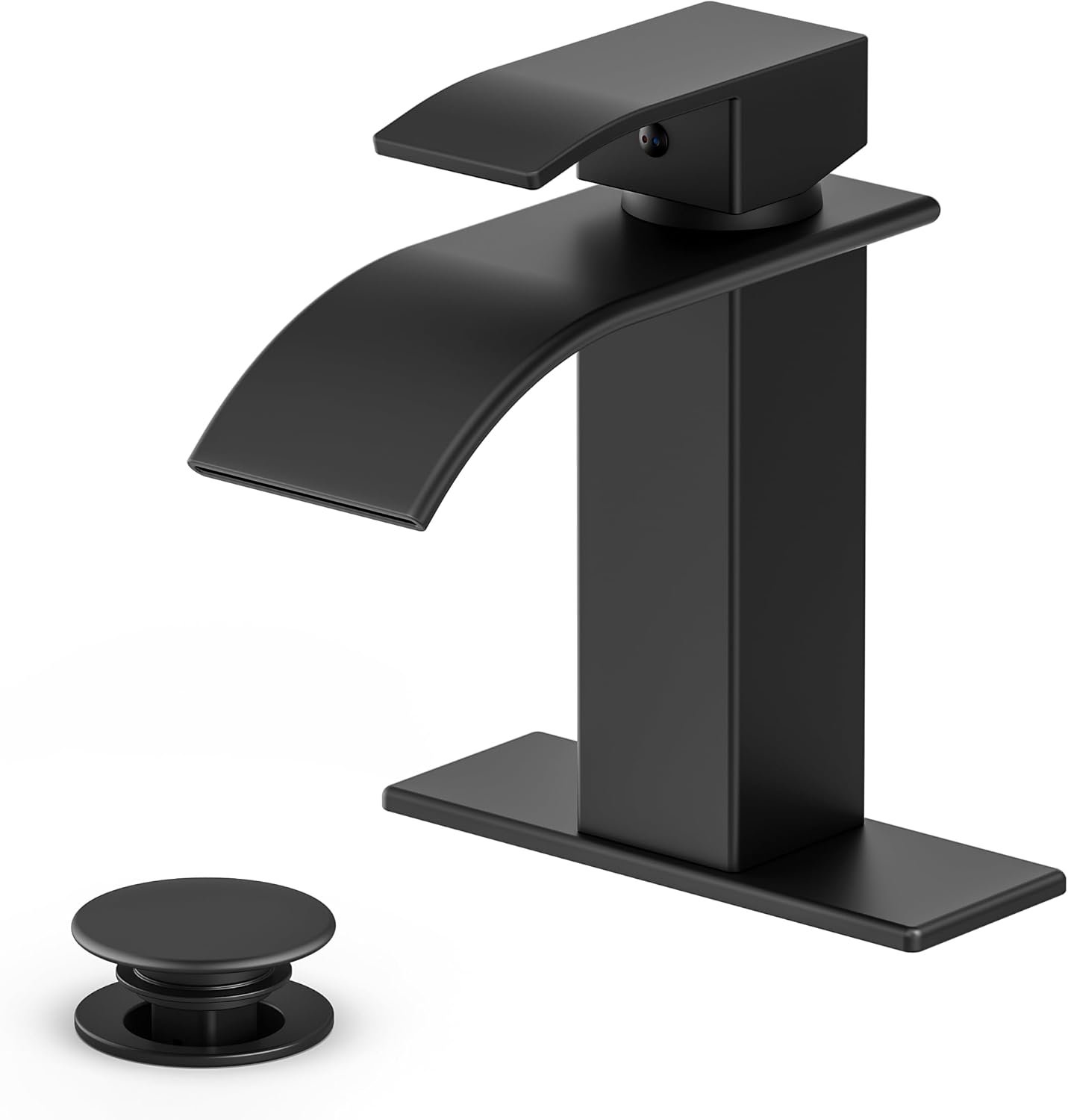Waterfall Bathroom Faucet, Matte Black Stainless Steel, 1-Handle | Modern Bathroom Sink Faucet for RV & Outdoor Basins, Pop-Up Drain, Supply Lines, 6-in Deck Plate, 1- or 3-Hole, NSF Certified