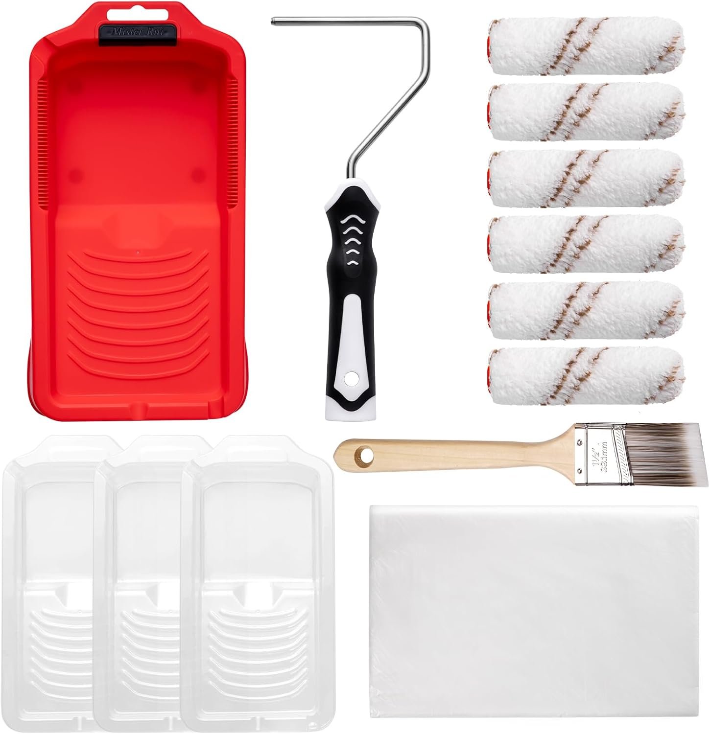 Mister Rui Mini Paint Roller Kit-13 Piece, Small Roller Paint Brush & Frame | 4-Inch Microfiber Paint Rollers, Paint Tray with 3 Liners, Ergonomic Handle for Painting Wall, Cabinets, Trim, and Touch-Ups