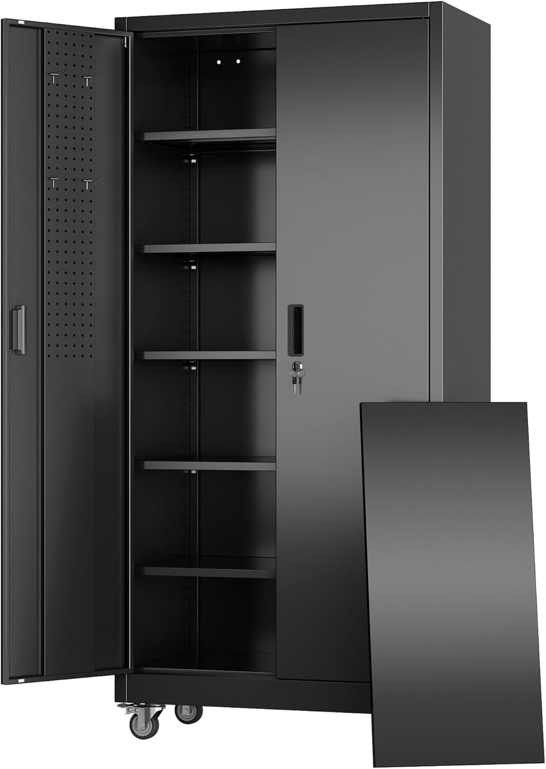Metal Garage Storage Cabinet with Wheels and Door Pegboard | Garage and business storage for tools and office supplies; 5 adjustable shelves, lockable black cabinet, 16″D x 32″W x 71″H