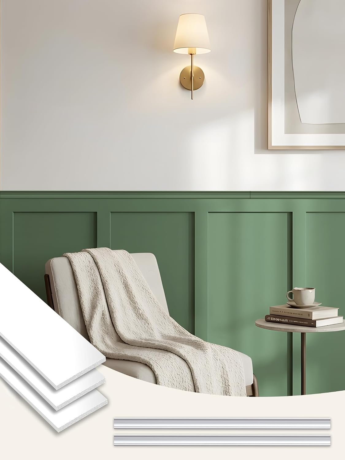 Upick Board and Batten Wainscoting Panels, Paintable, 94″ x 54″, White | Moisture-Resistant Lightweight PS, Pre-Cut Trim, Easy Glue-On Install for Bathroom, Kitchen, Living Room & Bedroom