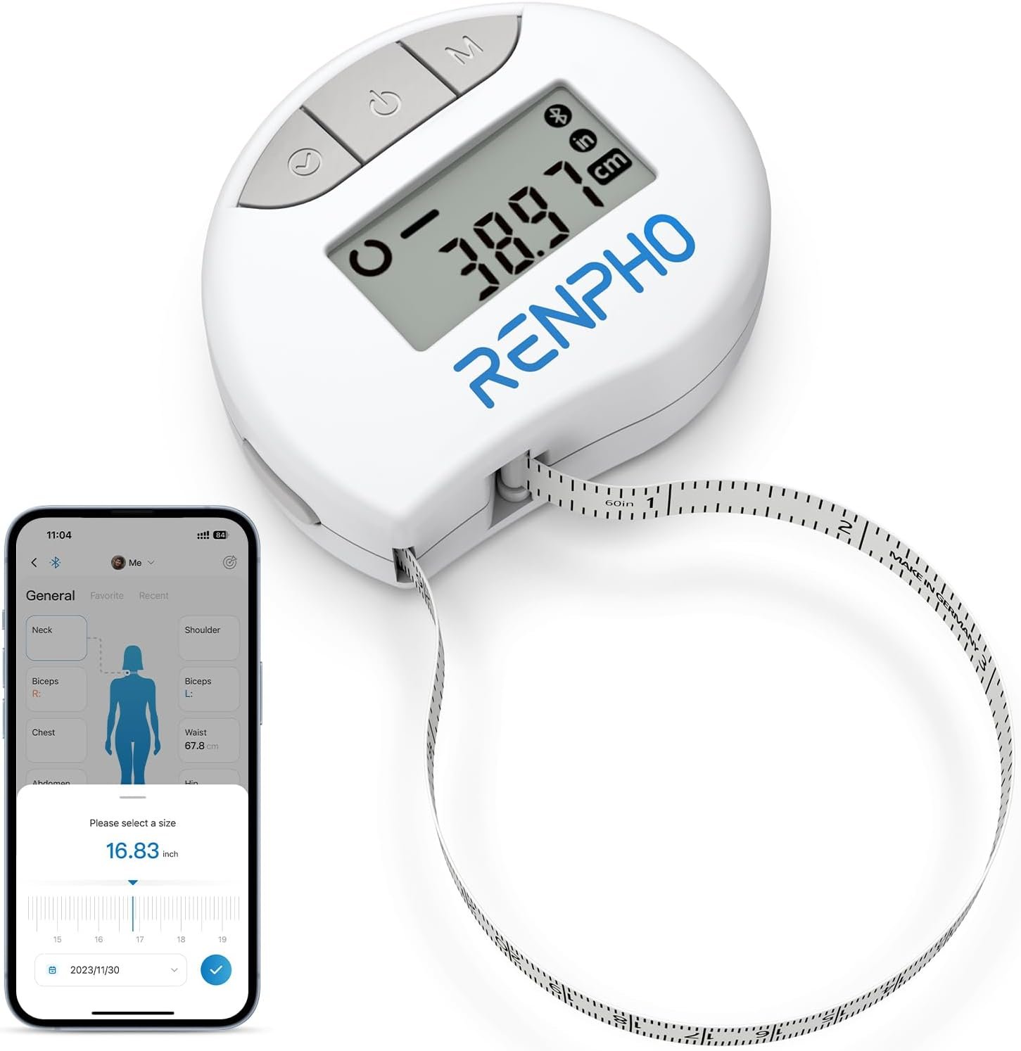 RENPHO Smart Body Measuring Tape, Bluetooth App, 60in, for Weight Loss | For Weight Loss & Fitness, Tracks Waist, Hip, Bust, Arms, Retractable, Multi-Metric Tracking, Gym Accessories, Workout Gifts