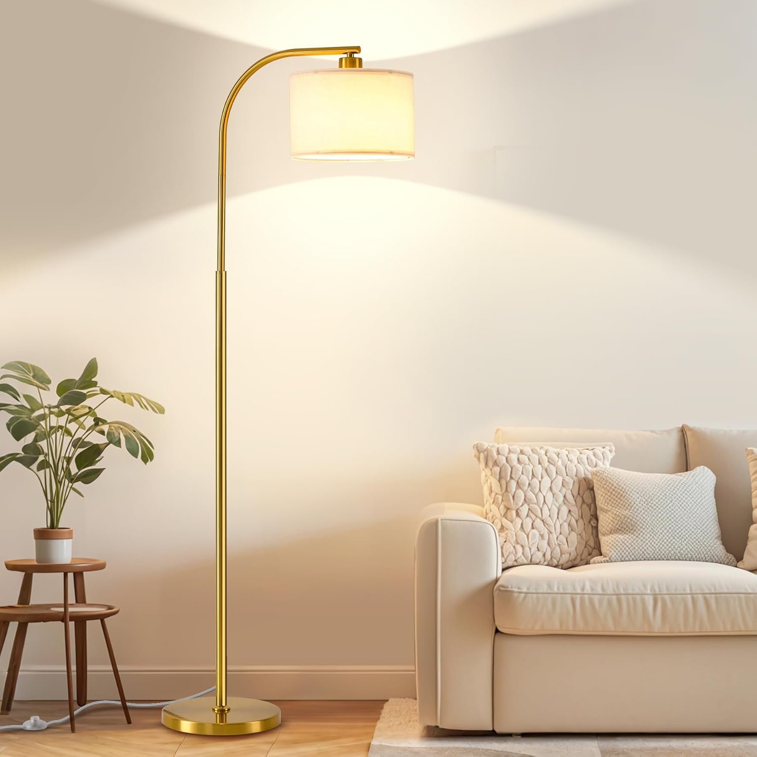 Tall Floor Lamp for Living Room,65” Modern Standing Lamps with 9W LED Bulb,Elegant Floor Light with Fabric Shade,Gold Tall Lamp for Bedroom Office Study Room Corner Dining Room