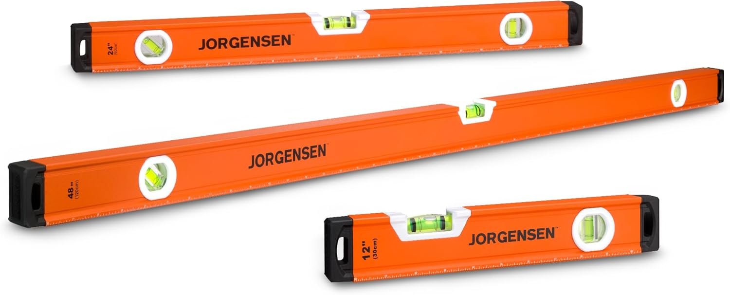 JORGENSEN 3-Piece Non-Magnetic Aluminum Spirit Level Set for Construction | Torpedo, Box Level, Hi-vis Bubble Vial with Ruler, 0.029° Accuracy, Shock-absorbing Cap, 12/24/48 in for Framing & Remodeling