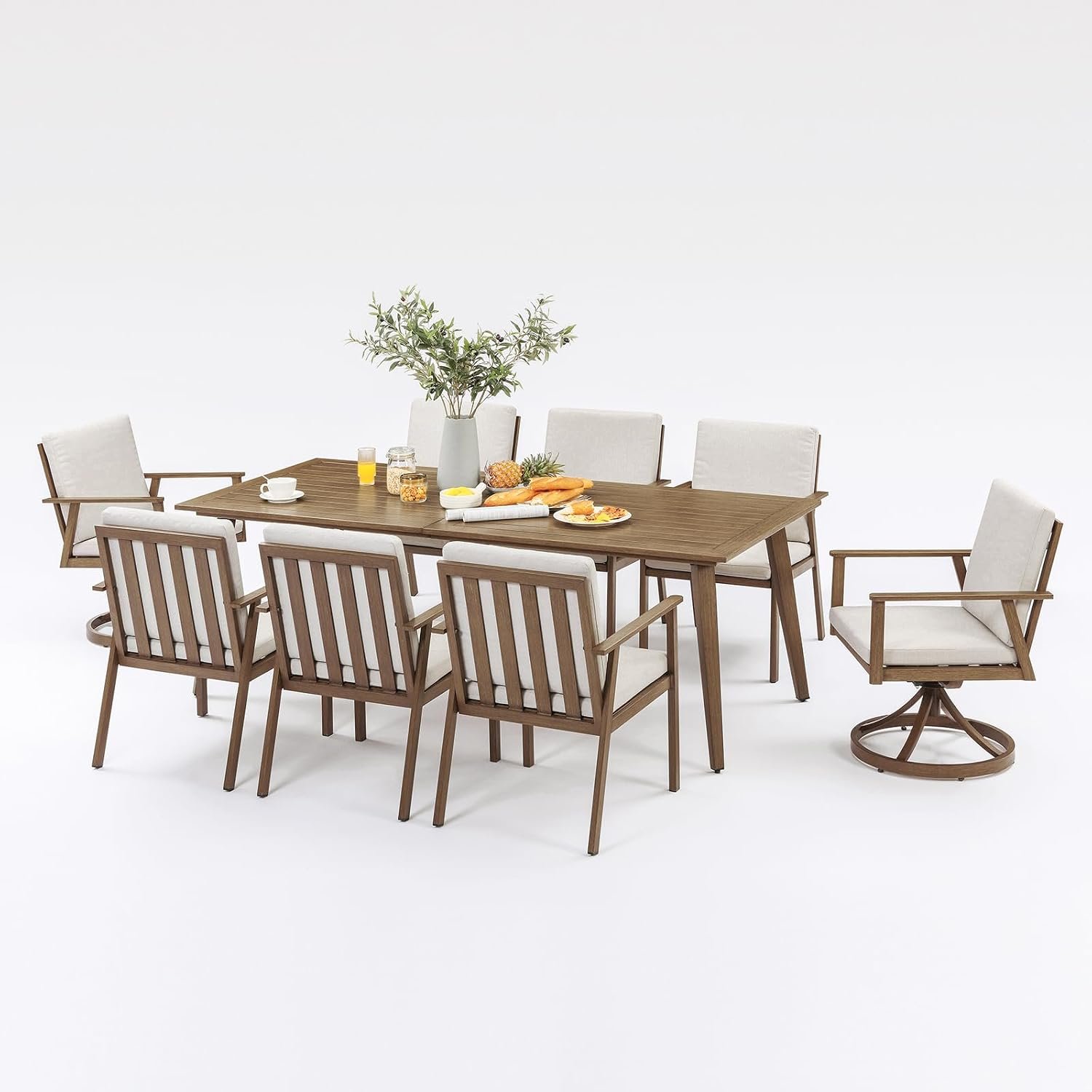 9 Pieces Patio Dining Set for 8, Never-Rust All-Aluminum Outdoor Dining Set with Removable Cushions, Patio Furniture Set with 2 Swivel Chairs, Patio Table and Chairs Set for Deck Yard, Teak