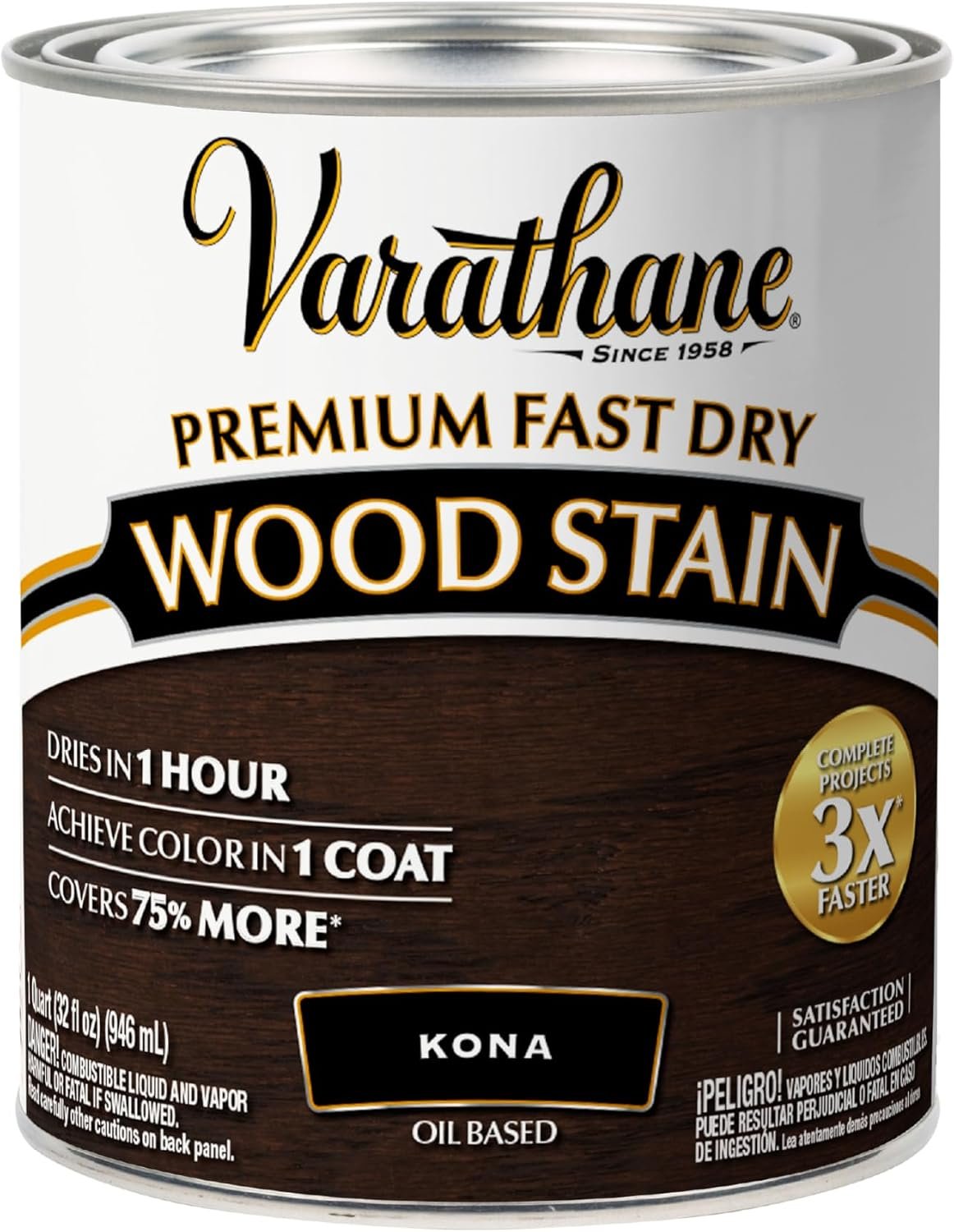 Varathane Premium Fast Dry Kona Wood Stain | Oil-Based, 1 Coat Color, 1 Hour Dry Time, Interior Wood Stain, Furniture, Cabinets, Doors, Covers Up to 275 Sq Ft, Quart