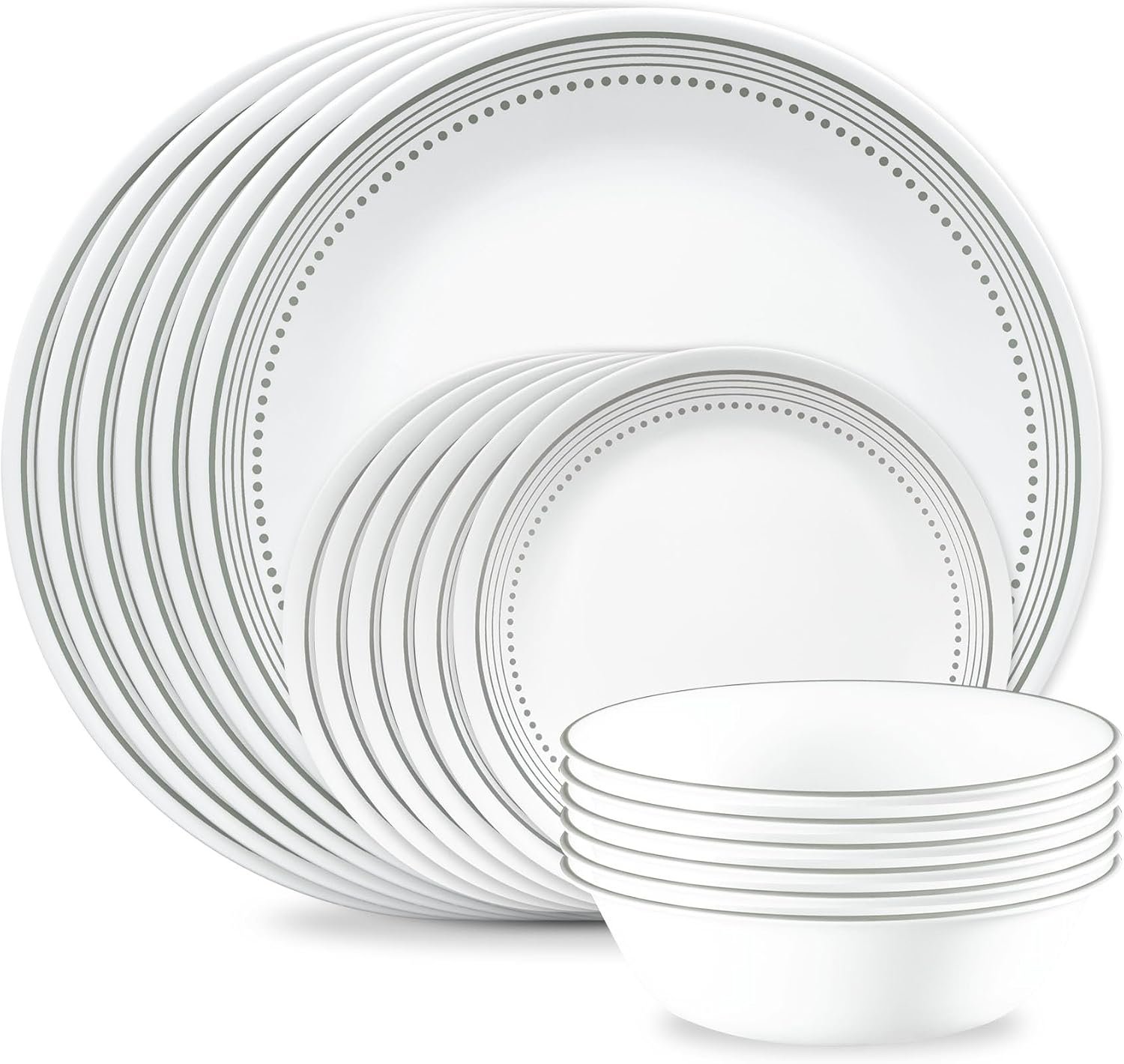 Corelle Vitrelle 18-Piece Service for 6 Dinnerware Set Triple Layer Glass and Chip Resistant, Lightweight Round Plates and Bowls Set, Mystic Gray