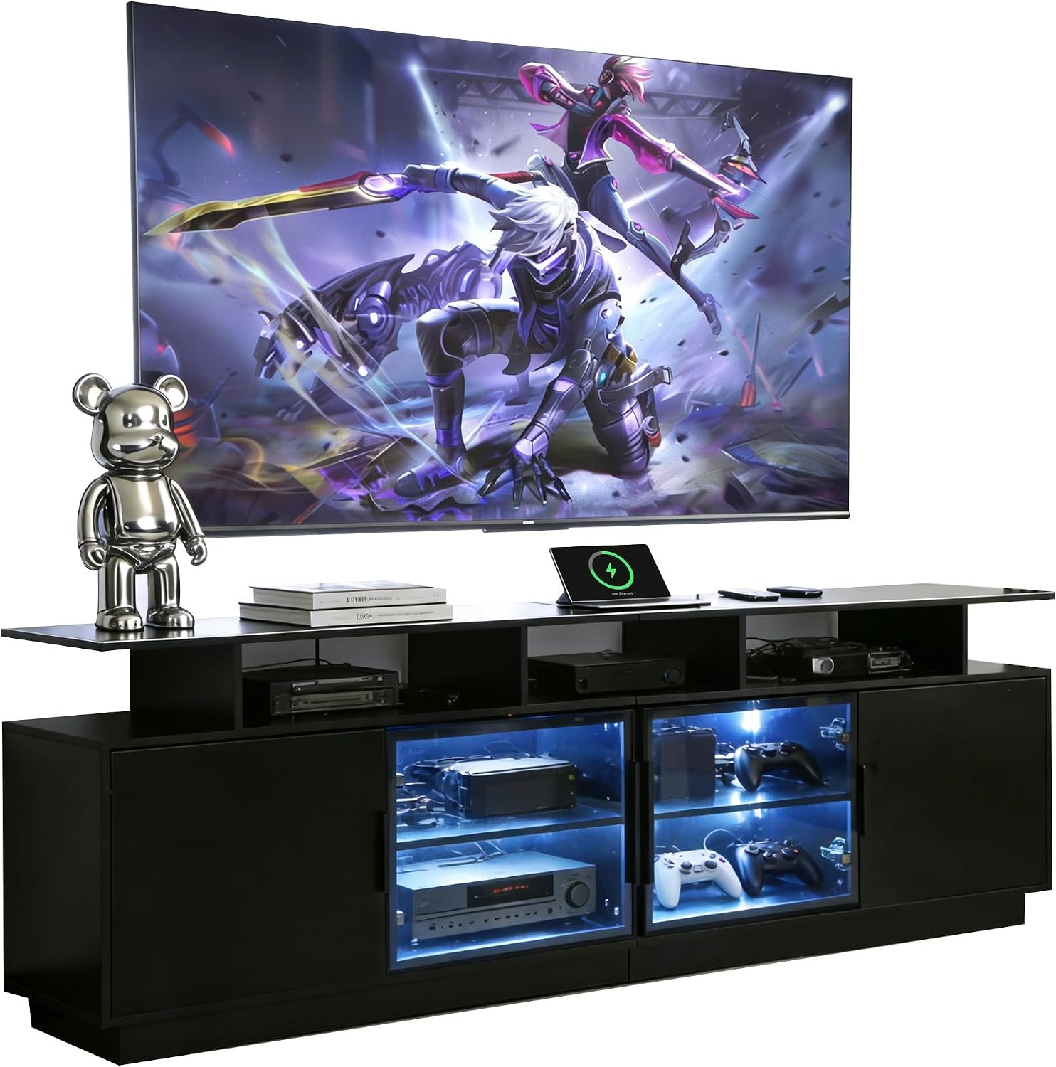 70-Inch Black TV Cabinet,Equipped with A USB Charging Strip,6 Large Storage Spaces,2 Glass Doors with Built-in Ambient Lighting,Serving as A Media and Entertainment Cabinet