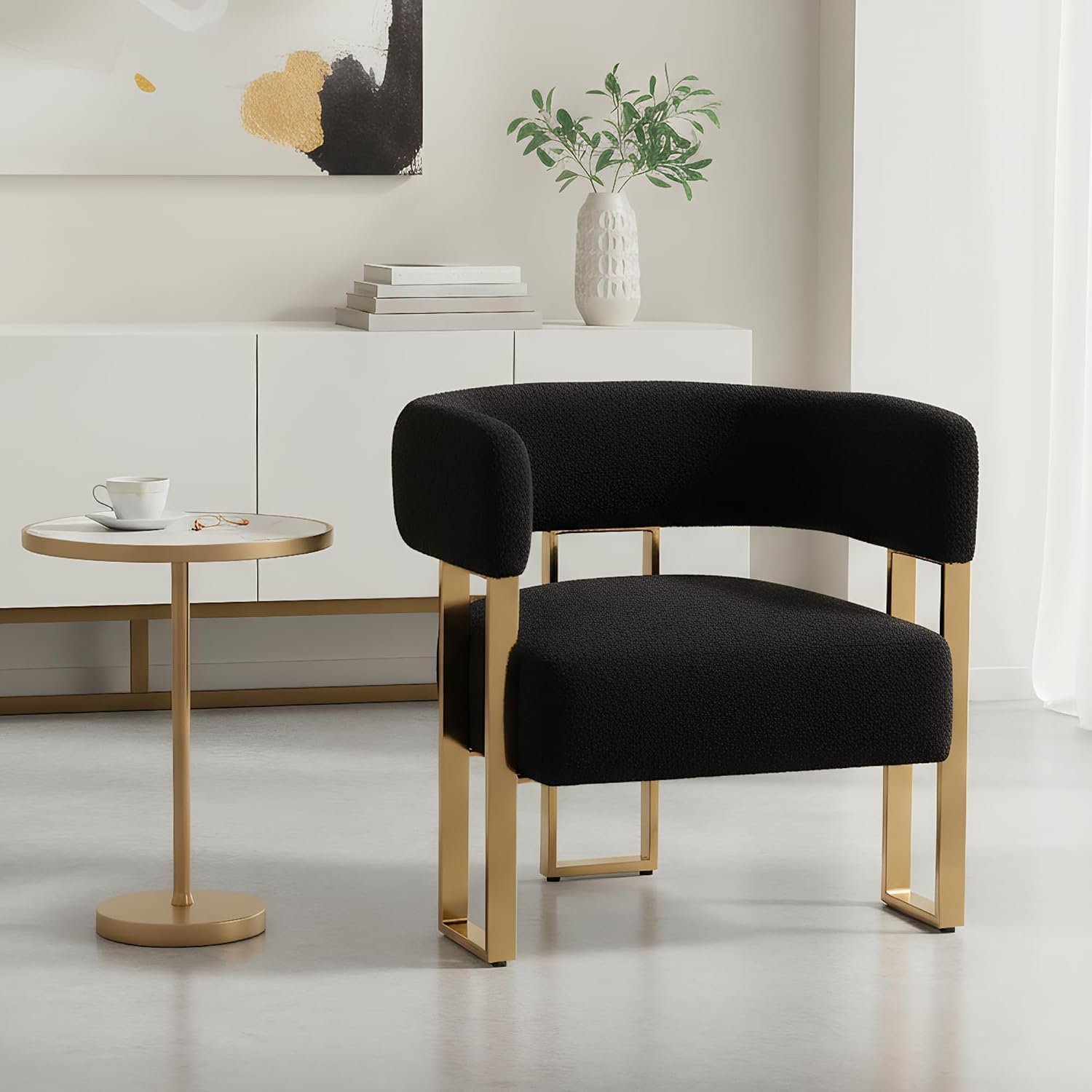 Barrel Accent Chair, Black Boucle Armchair with Gold Metal Leg