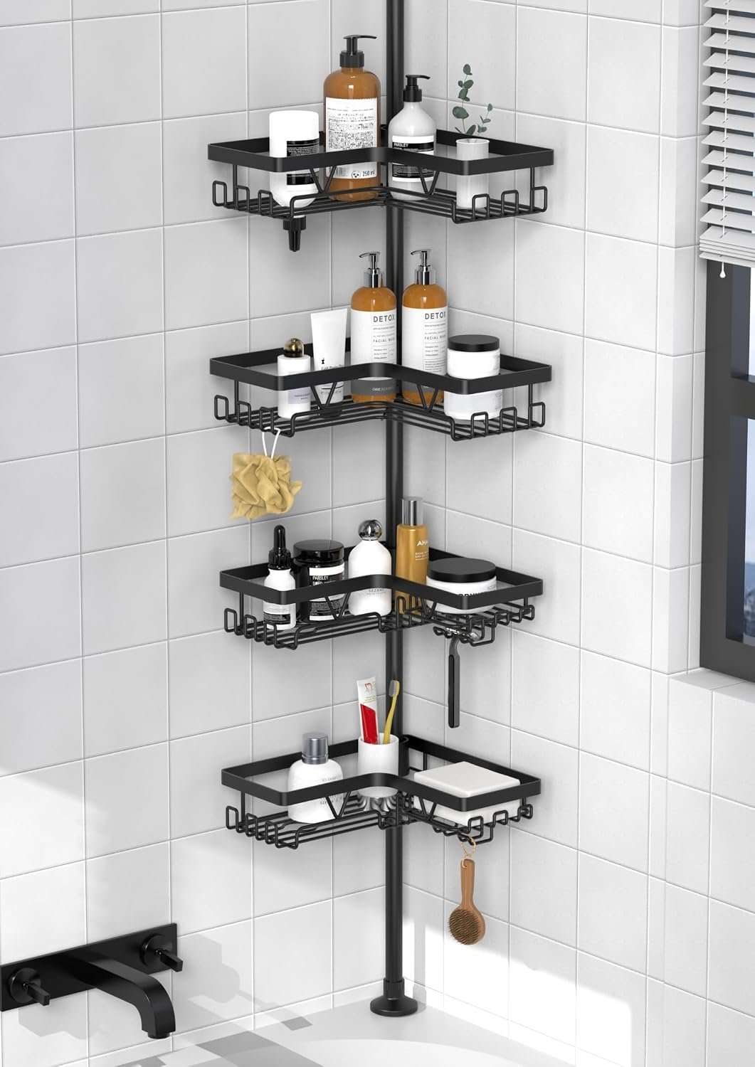 KEGII Corner Shower Caddy Tension Pole, Large Capacity Bathroom Organizer | 28 Hooks with Soap and Razor Holders, Heavy Duty 4-Tier Shelves for Family Bathtubs and Renters, Adjustable 25-114.2 inch