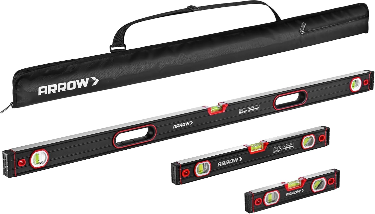 ARROW 3-Piece Spirit Level Set Included 9″/16″/48″ Level with Carrying Bag | 45°/90°/180° Bubbles Leveler, Aluminum Alloy Body, Precision-Machined Base & Shockproof End Caps for Construction, Carpentry