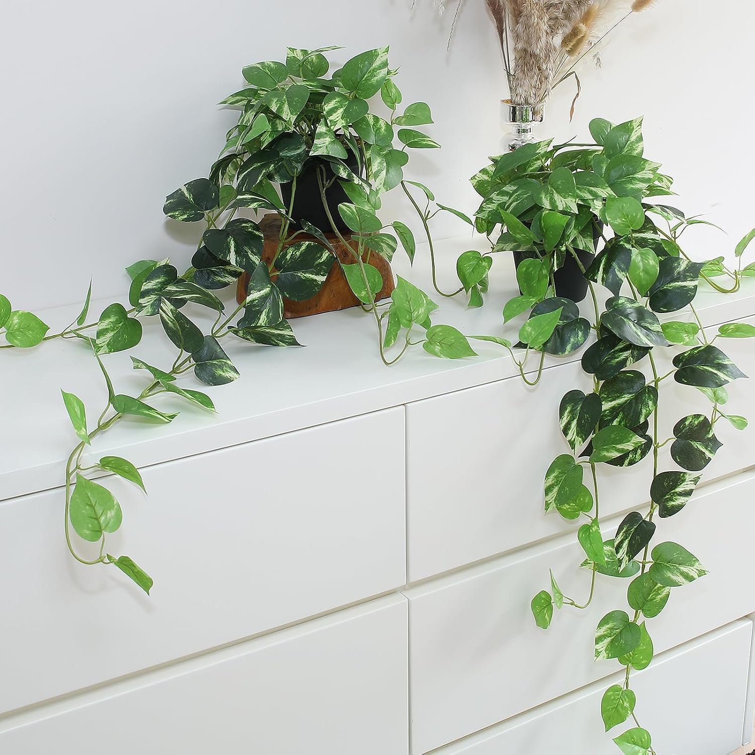 Fake Pothos Hanging Plants – 33″ Set of 2 Artificial Silk Ivy Vines with Pots, Realistic Faux Greenery for Indoor Home Office Bathroom Decor, Low Maintenance Hanging Plant Decoration – Golden Green