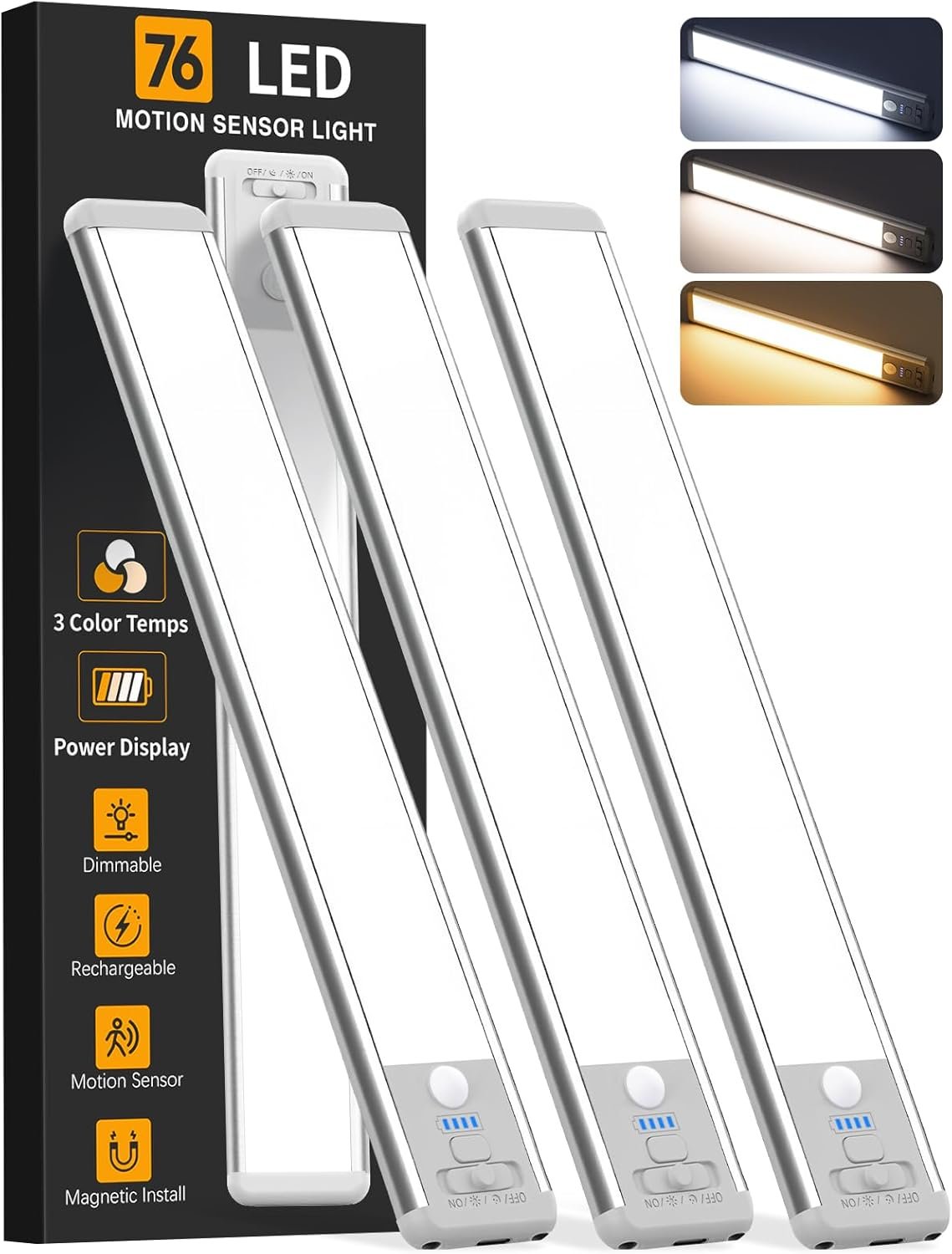 Under Cabinet Lighting Wireless, 10inch Motion Sensor Light Indoor, 3Pack | Rechargeable, 3 Color Temps, Dimmable, Power Display, LED Closet Light Magnetic, Under Counter Lights for Kitchen Shelf Home