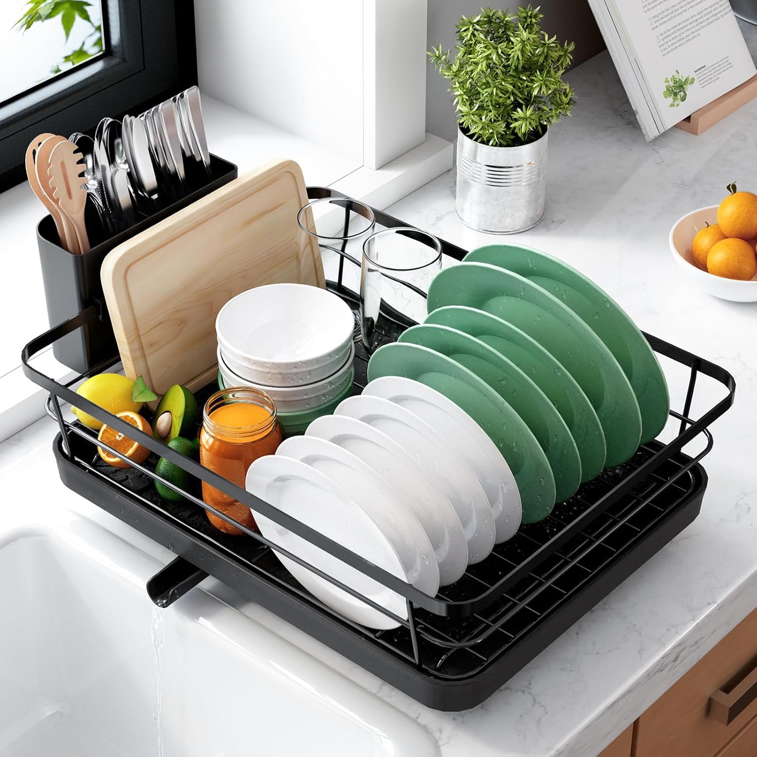 Kitsure Dish Drying Rack for Kitchen Counter, 12”W x 15.5”L, Black | Stainless Steel Sink Organization, Cutlery Holder, Home and Appartment Decor