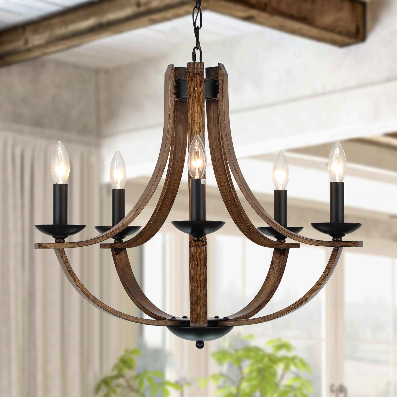 LAMPKEDUO Farmhouse Chandeliers for Dining Room Light Fixture, 5-Light 24 inch Faux Wood Texture Hanging Lighting Fixtures, Rustic Candle Chandeliers for Living Room Kitchen Island Foyer Entryway